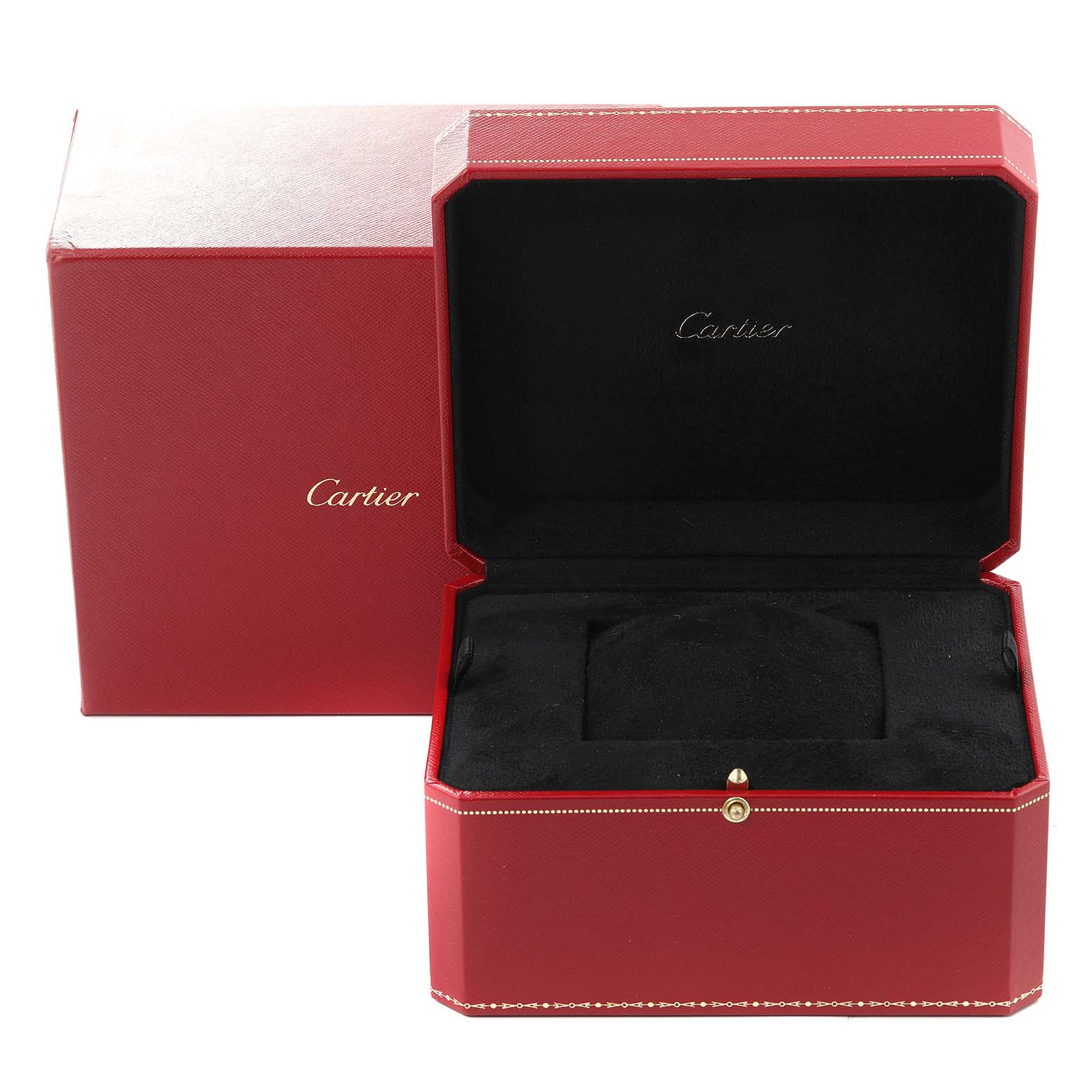 The image shows a red Cartier watch box for the Tank Americaine model, including an open and closed lid view.