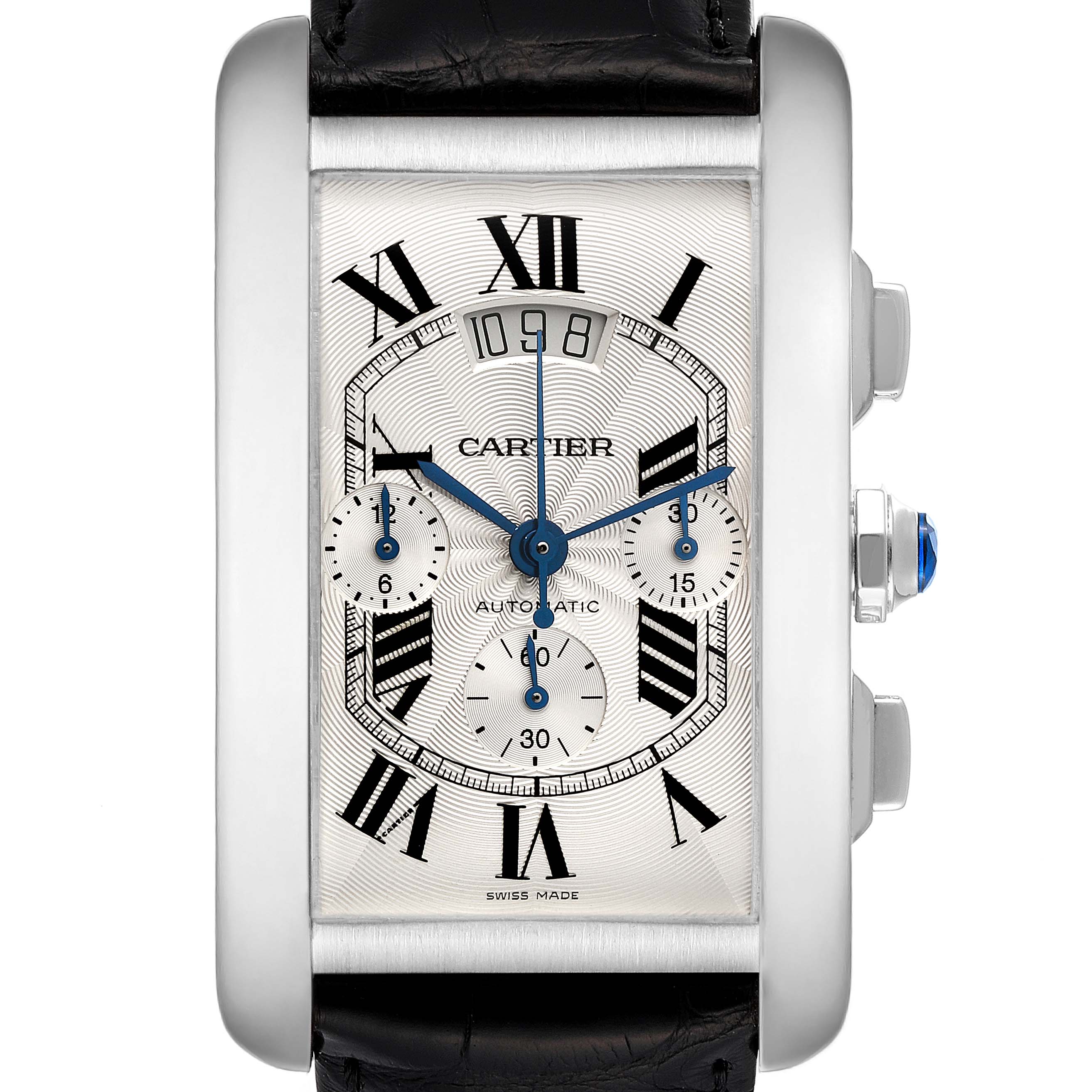 The image shows a frontal view of the Cartier Tank Américaine watch, highlighting its rectangular face, Roman numerals, and chronograph sub-dials.