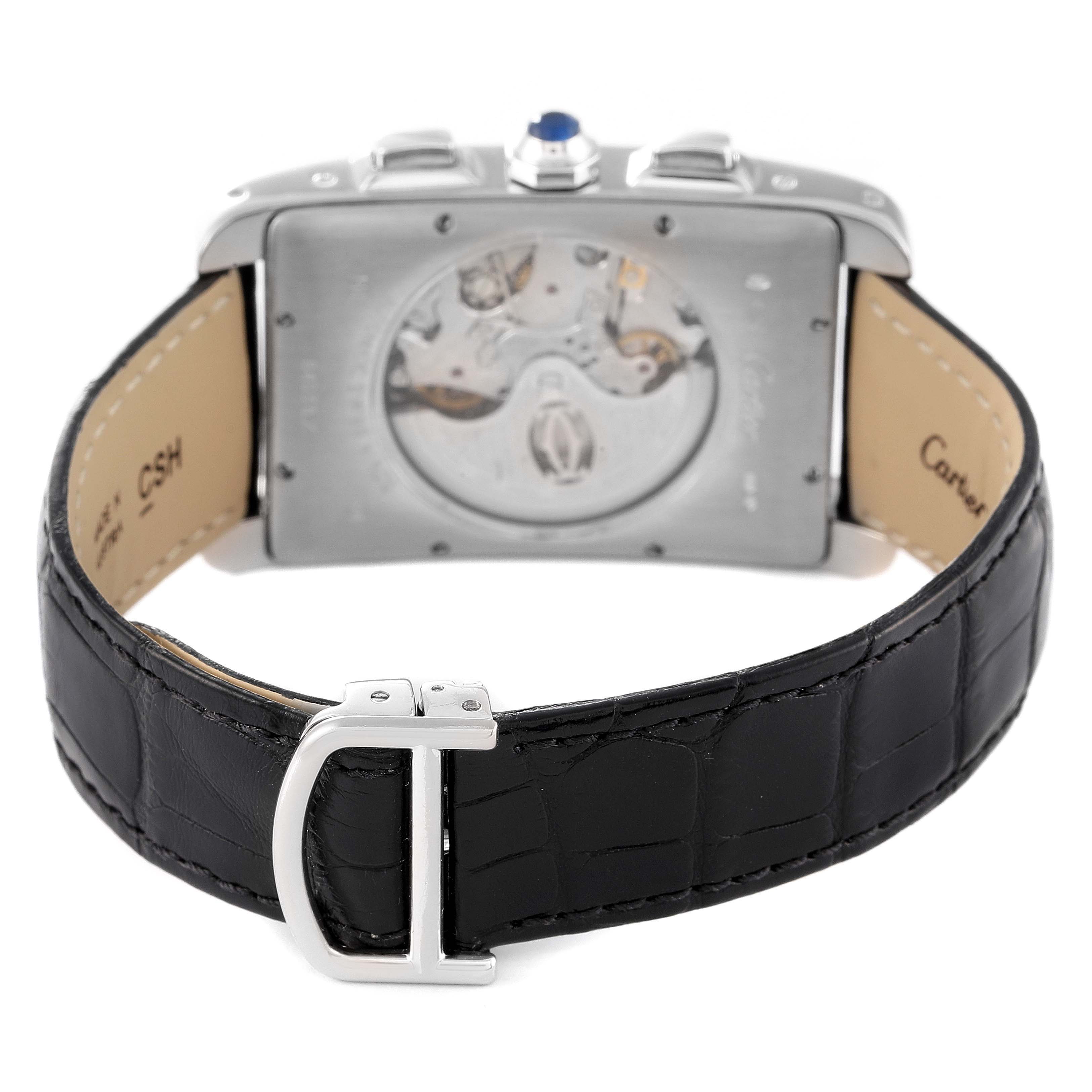 The image shows the back and side of a Cartier Tank Americaine W2609456 Men's White Gold Silver Dial W2609456 Men's White Gold Silver Dial watch, highlighting its mechanical movement and black leather strap.