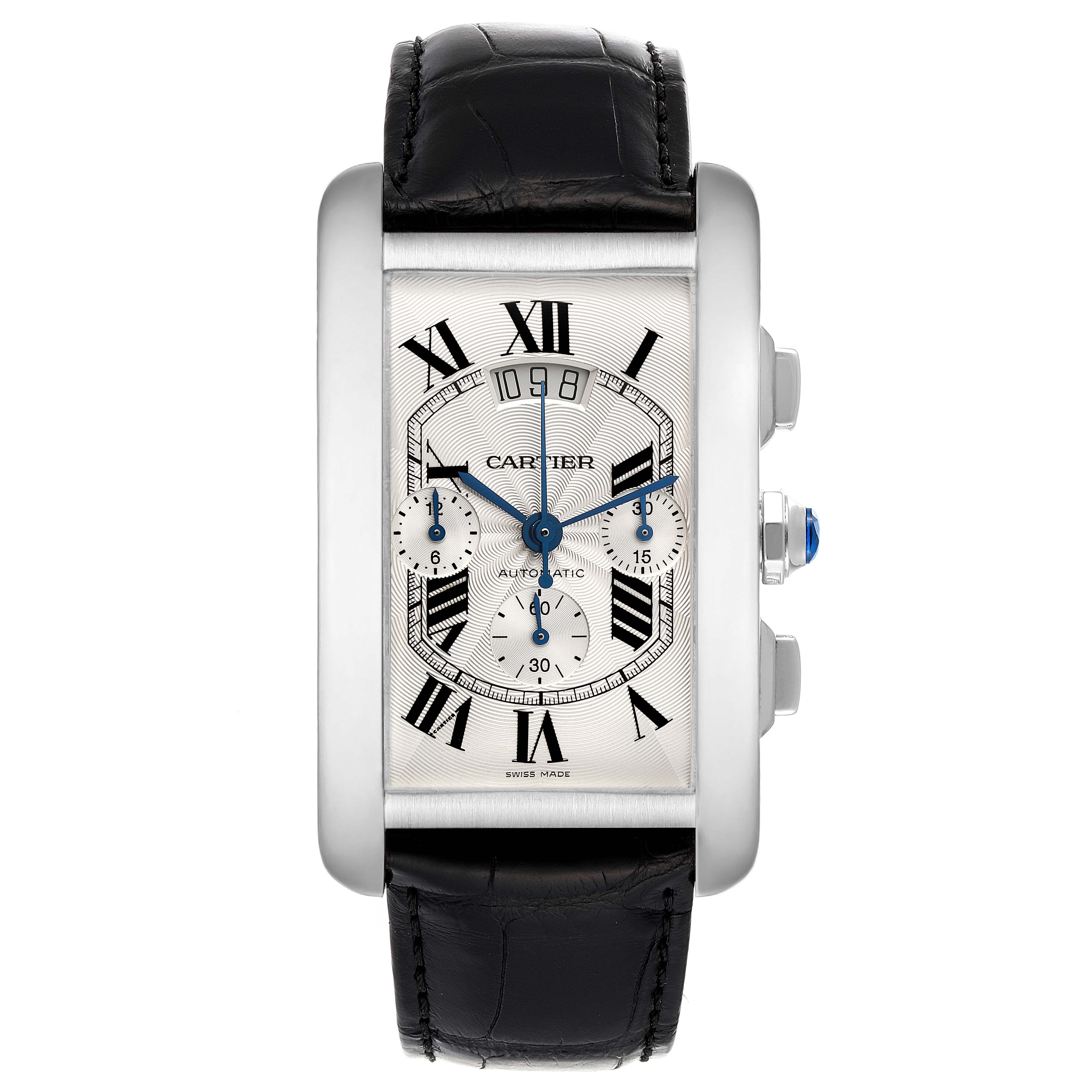 The image shows a front view of the Cartier Tank Americaine W2609456 Men's White Gold Silver Dial W2609456 Men's White Gold Silver Dial watch, displaying its face, Roman numerals, and leather strap.