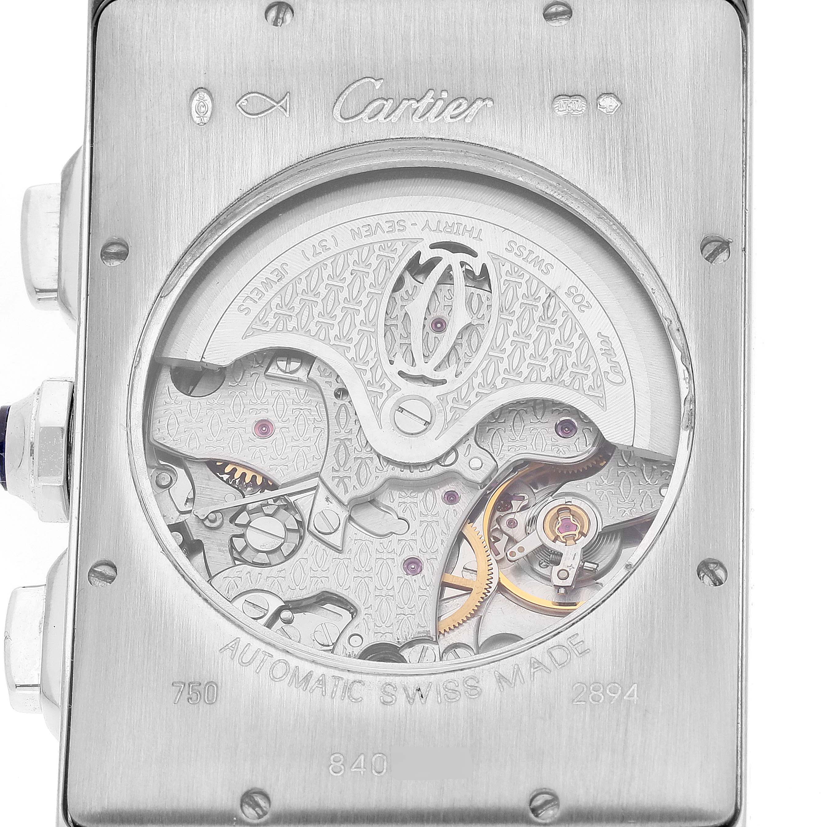 This close-up image shows the back view of the Cartier Tank Americaine W2609456 Men's White Gold Silver Dial W2609456 Men's White Gold Silver Dial watch, highlighting its intricate inner mechanisms and branding.