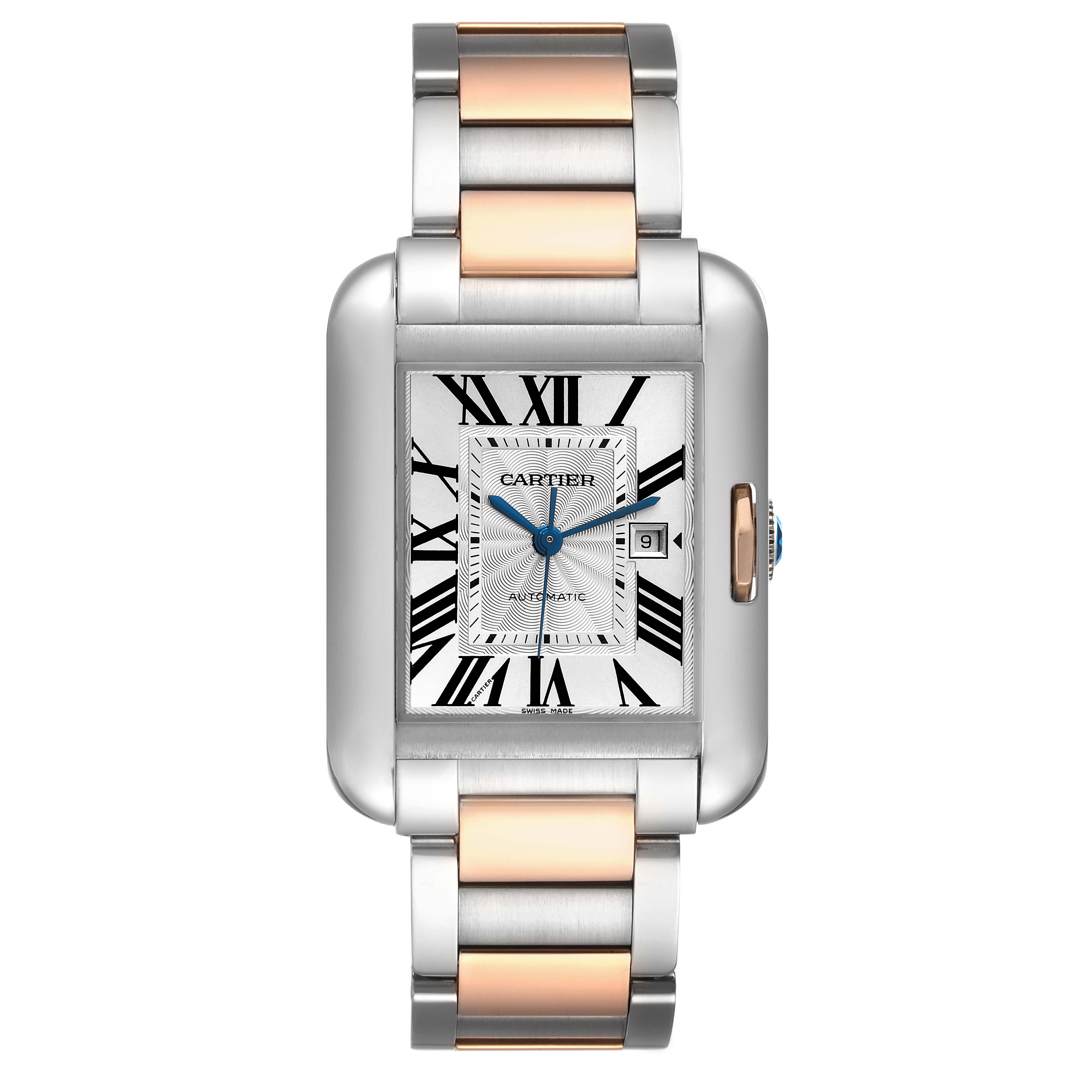 The Tank Anglaise model by Cartier is shown from a front angle, highlighting its rectangular face, Roman numerals, and two-tone bracelet.