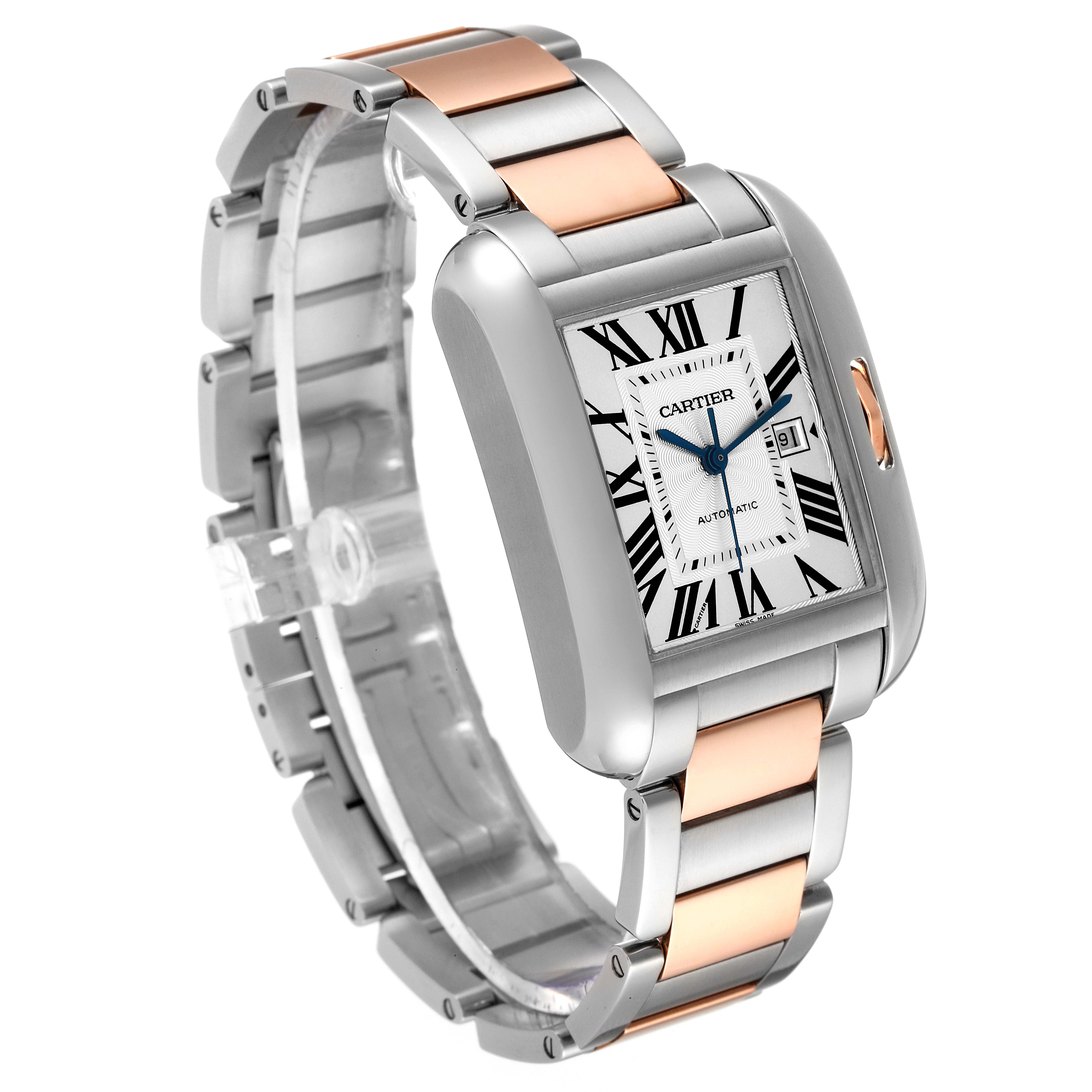 The image shows a side view of the Cartier Tank Anglaise W5310037 Men
s Steel and Gold (two tone) Silver Dial W5310037 Men
s Steel and Gold (two tone) Silver Dial watch, highlighting its two-tone metal bracelet and rectangular dial.