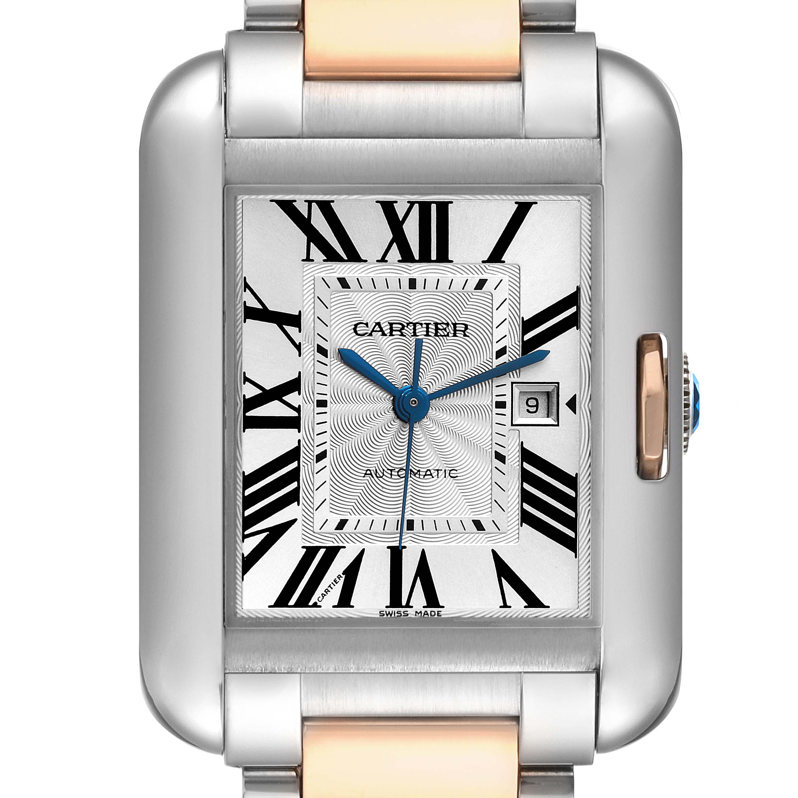 This image shows a close-up, front view of the Cartier Tank Anglaise W5310037 Men
s Steel and Gold (two tone) Silver Dial W5310037 Men
s Steel and Gold (two tone) Silver Dial watch, highlighting the face, Roman numerals, and part of the band.