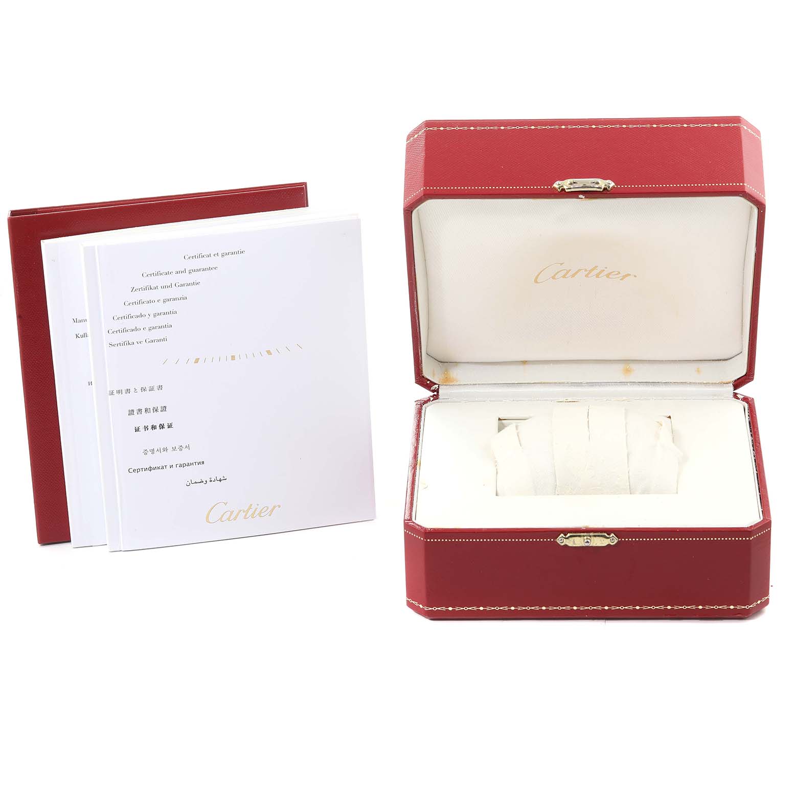 The image shows the red Cartier box and the certificate booklets for the Tank Anglaise model by Cartier.