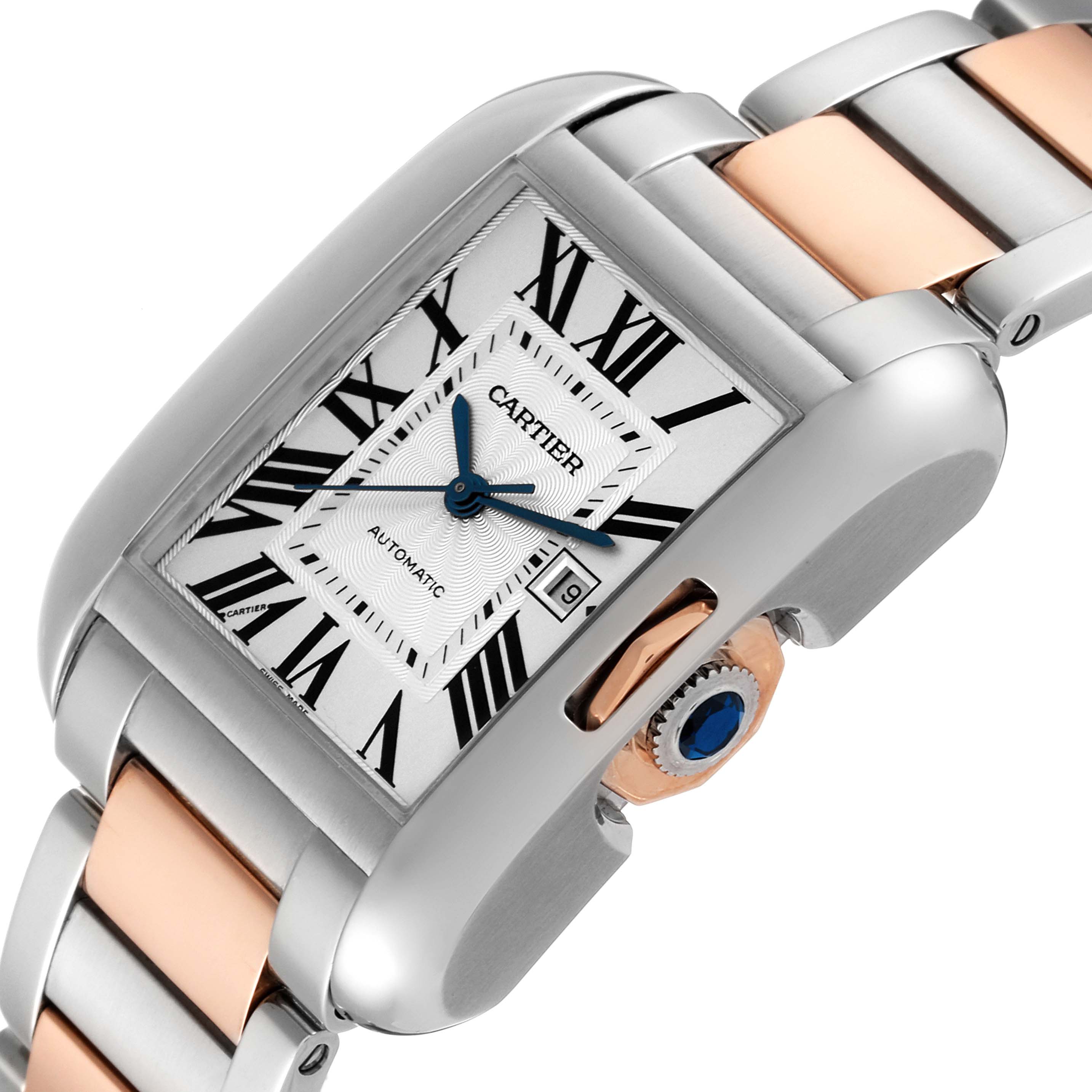 The Cartier Tank Anglaise W5310037 Men
s Steel and Gold (two tone) Silver Dial W5310037 Men
s Steel and Gold (two tone) Silver Dial watch is shown from an oblique angle, highlighting the face, crown, and part of the bracelet.