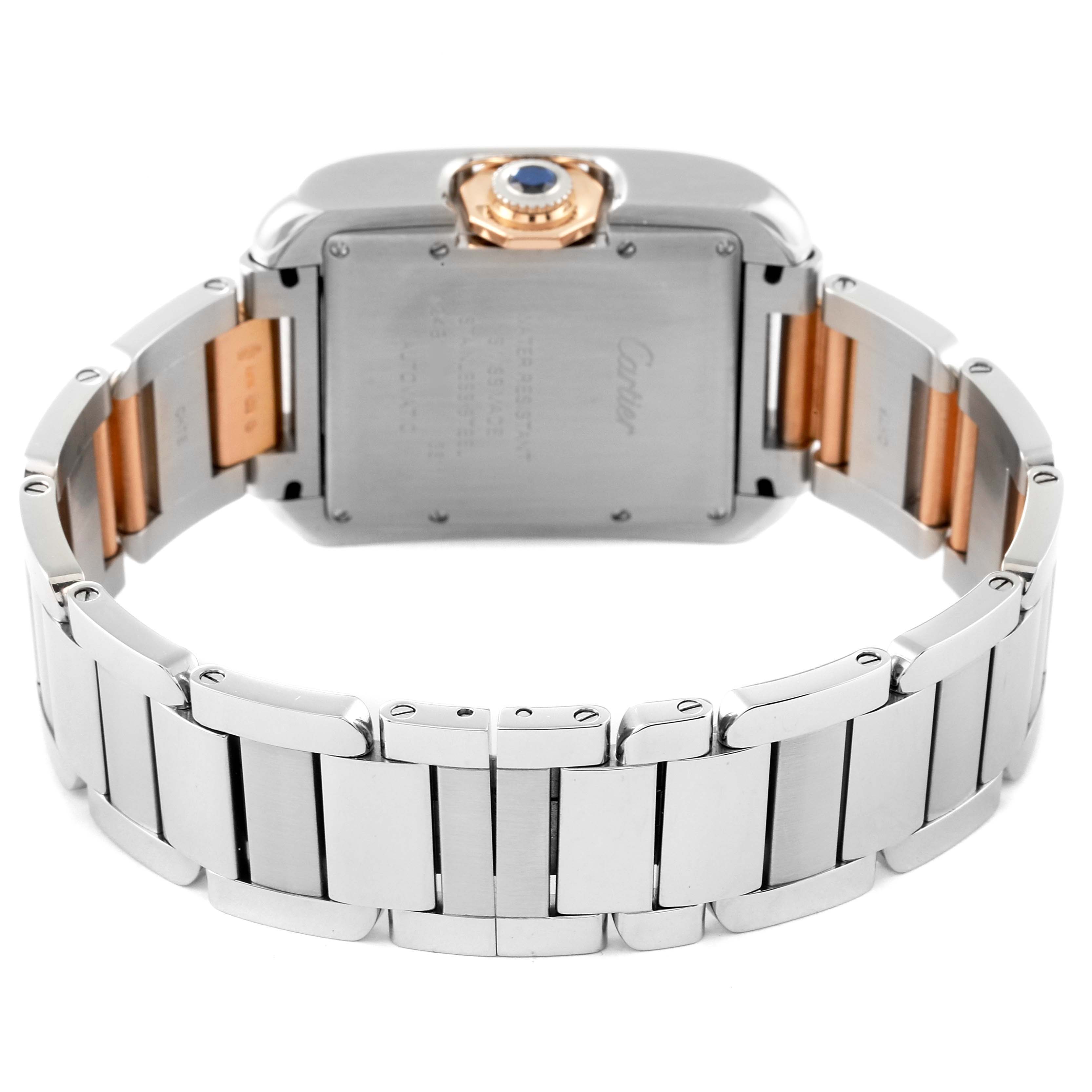 The image shows the back and bracelet of a Cartier Tank Anglaise W5310037 Men
s Steel and Gold (two tone) Silver Dial W5310037 Men
s Steel and Gold (two tone) Silver Dial watch, highlighting the stainless steel and rose gold details.