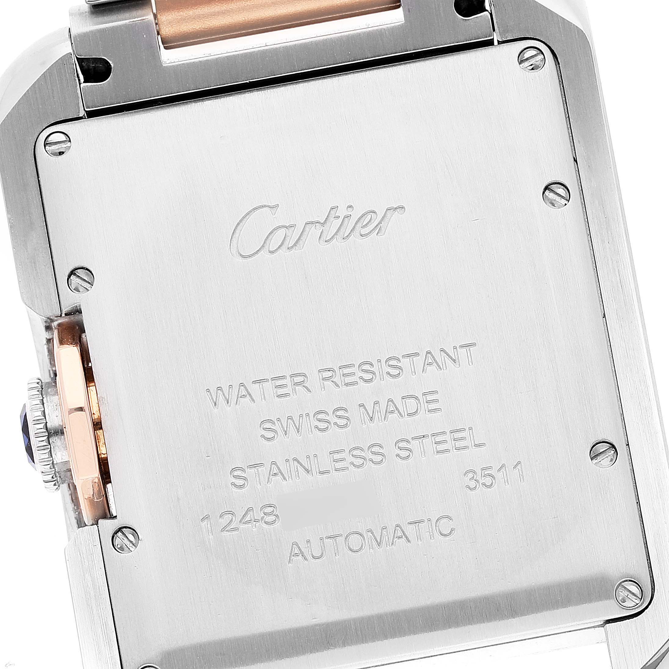 The image shows the back case of a Cartier Tank Anglaise W5310037 Men
s Steel and Gold (two tone) Silver Dial W5310037 Men
s Steel and Gold (two tone) Silver Dial watch, highlighting engravings and materials.