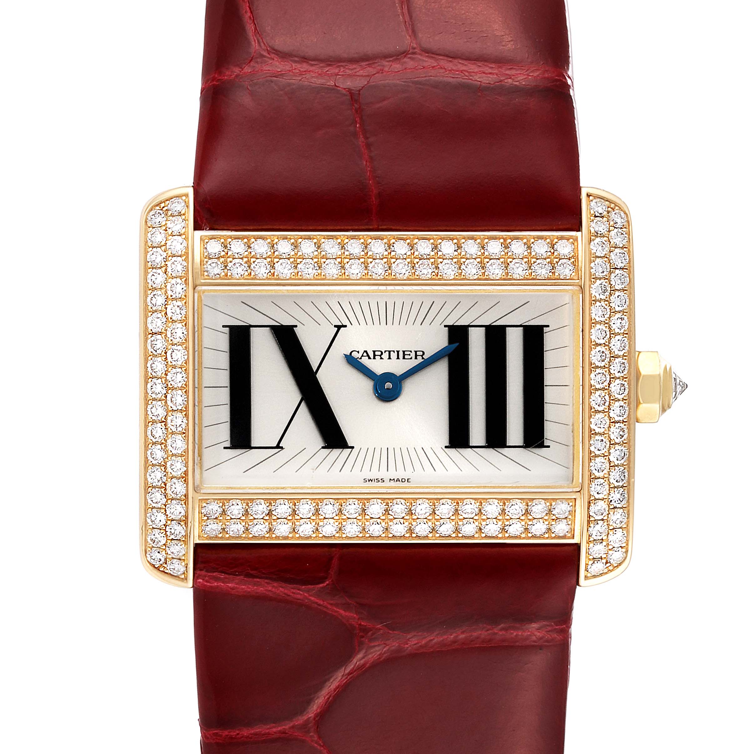 This image shows a top-down view of the Cartier Tank Divan WA301471 Women
s Yellow Gold Silver Dial WA301471 Women
s Yellow Gold Silver Dial watch, highlighting its rectangular face, diamond bezel, and red leather strap.