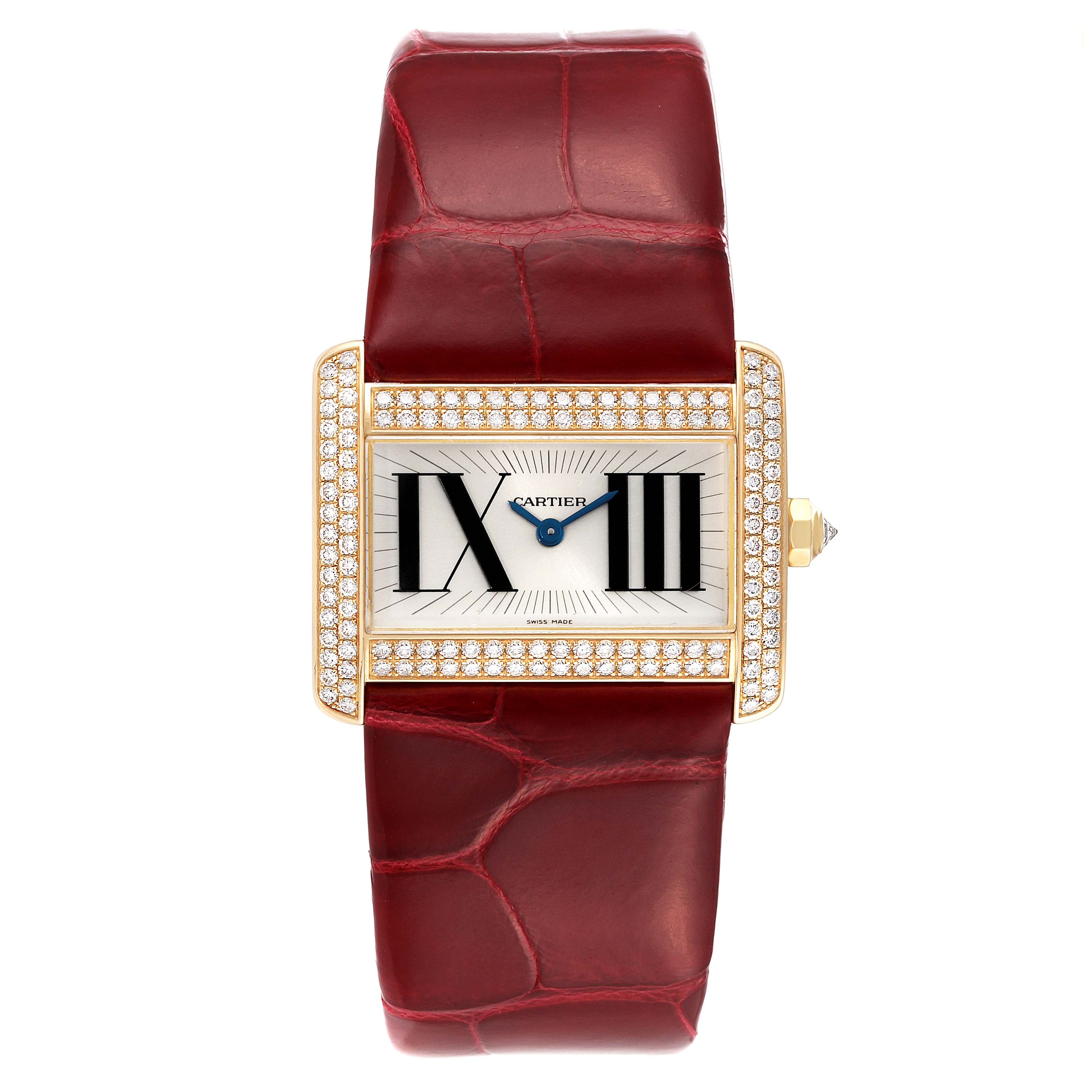 The image shows a Cartier Tank Divan WA301471 Women
s Yellow Gold Silver Dial WA301471 Women
s Yellow Gold Silver Dial watch from a top-down view, highlighting its red leather strap and diamond-accented rectangular face.