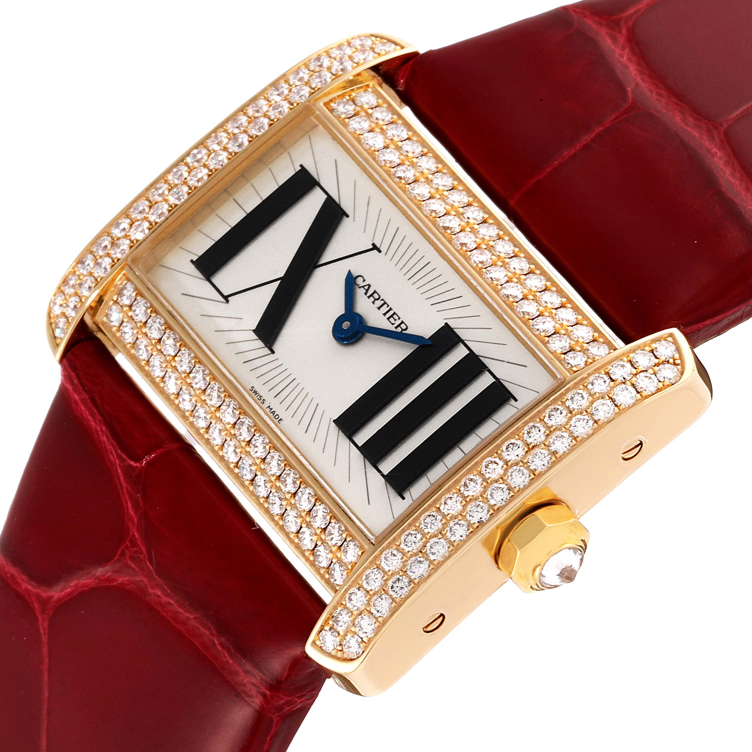The image shows a close-up of a Cartier Tank Divan WA301471 Women
s Yellow Gold Silver Dial WA301471 Women
s Yellow Gold Silver Dial watch, highlighting its diamond-studded bezel and red leather strap.