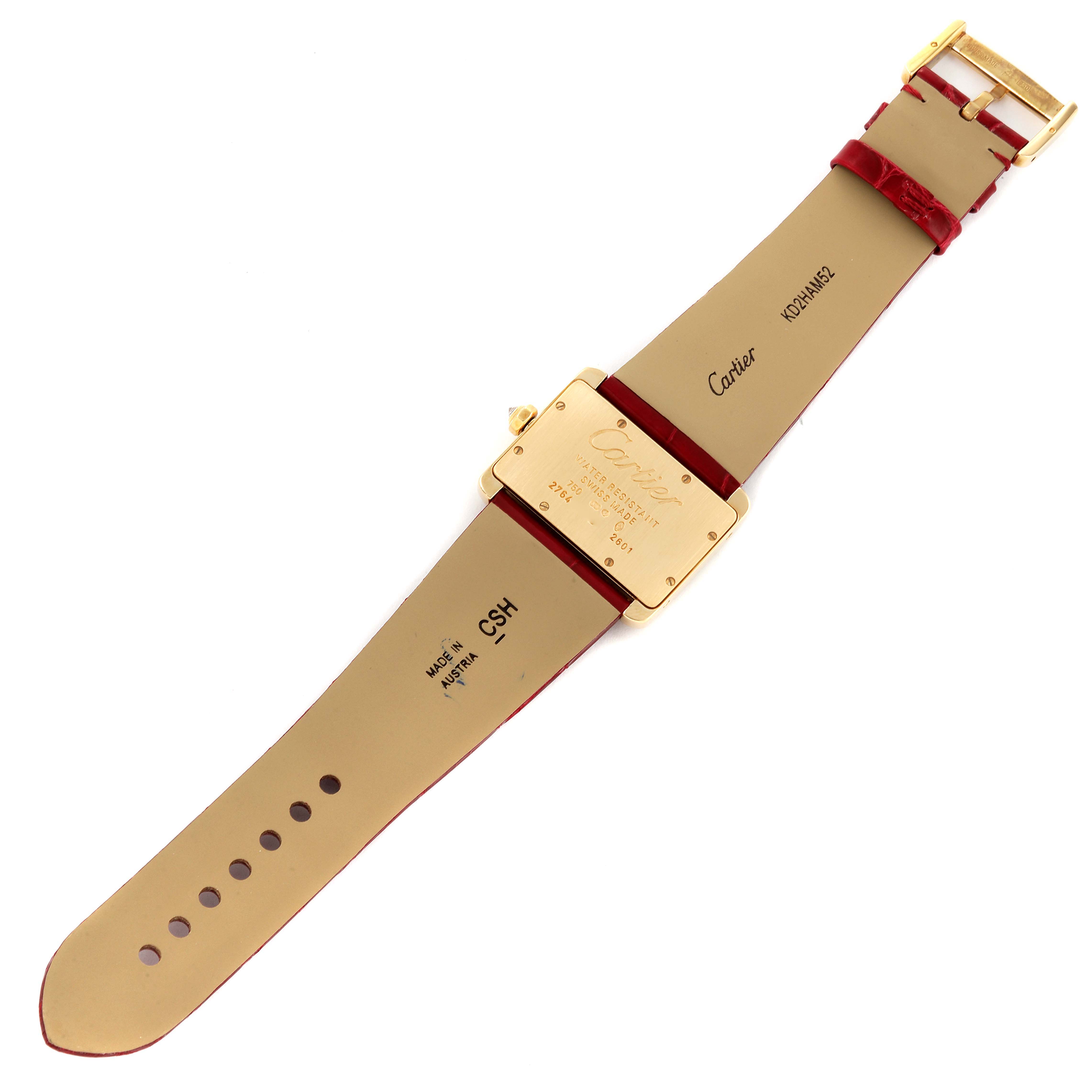 The image shows the back view of a Cartier Tank Divan WA301471 Women
s Yellow Gold Silver Dial WA301471 Women
s Yellow Gold Silver Dial watch with its strap and buckle visible.
