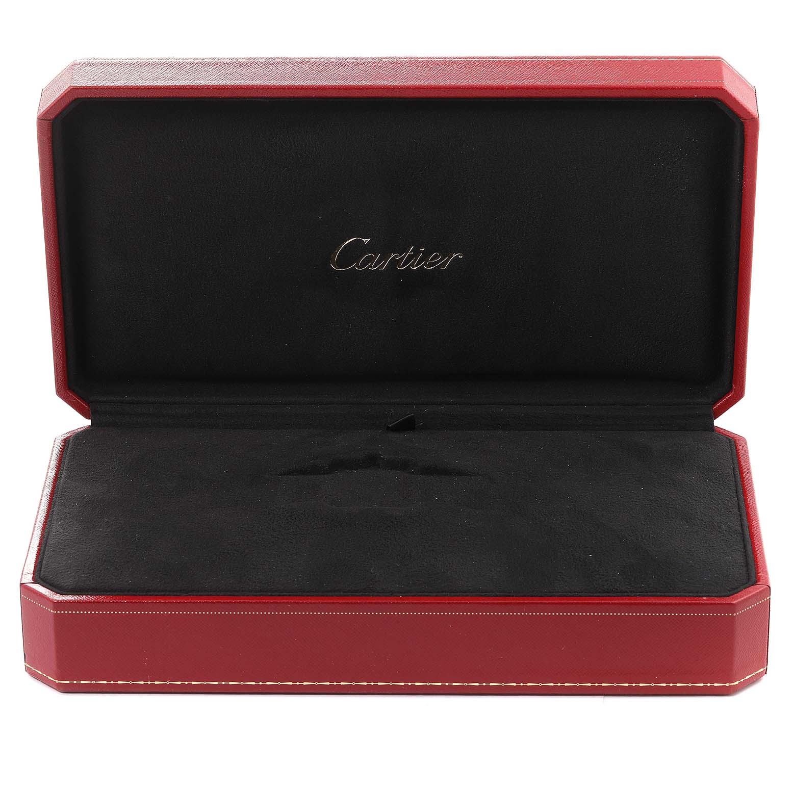 This is an open Cartier box for the Tank Divan model, shown empty from the front angle.