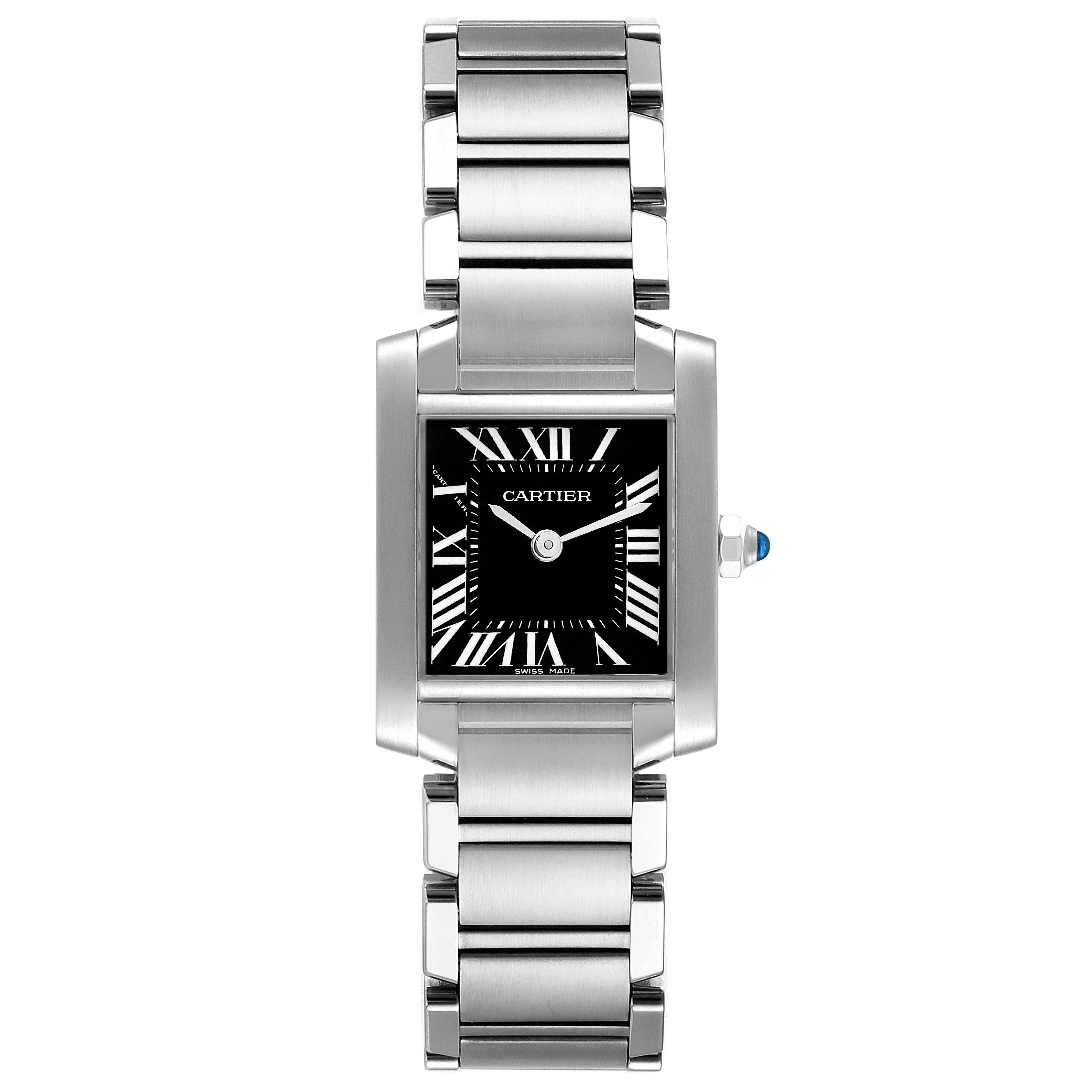 The image shows a top view of a Cartier Tank Francaise W51026Q3 Women's Stainless Steel Black Dial W51026Q3 Women's Stainless Steel Black Dial watch, displaying the face, bezel, and metal bracelet.