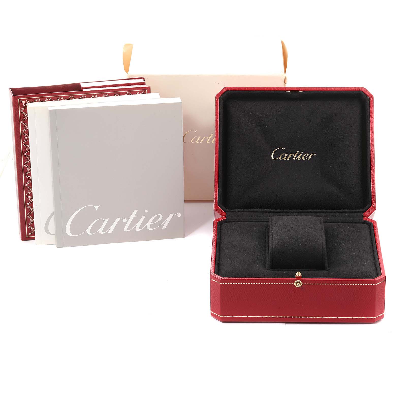 The image shows the packaging, box, and booklets of a Cartier Tank Française watch.