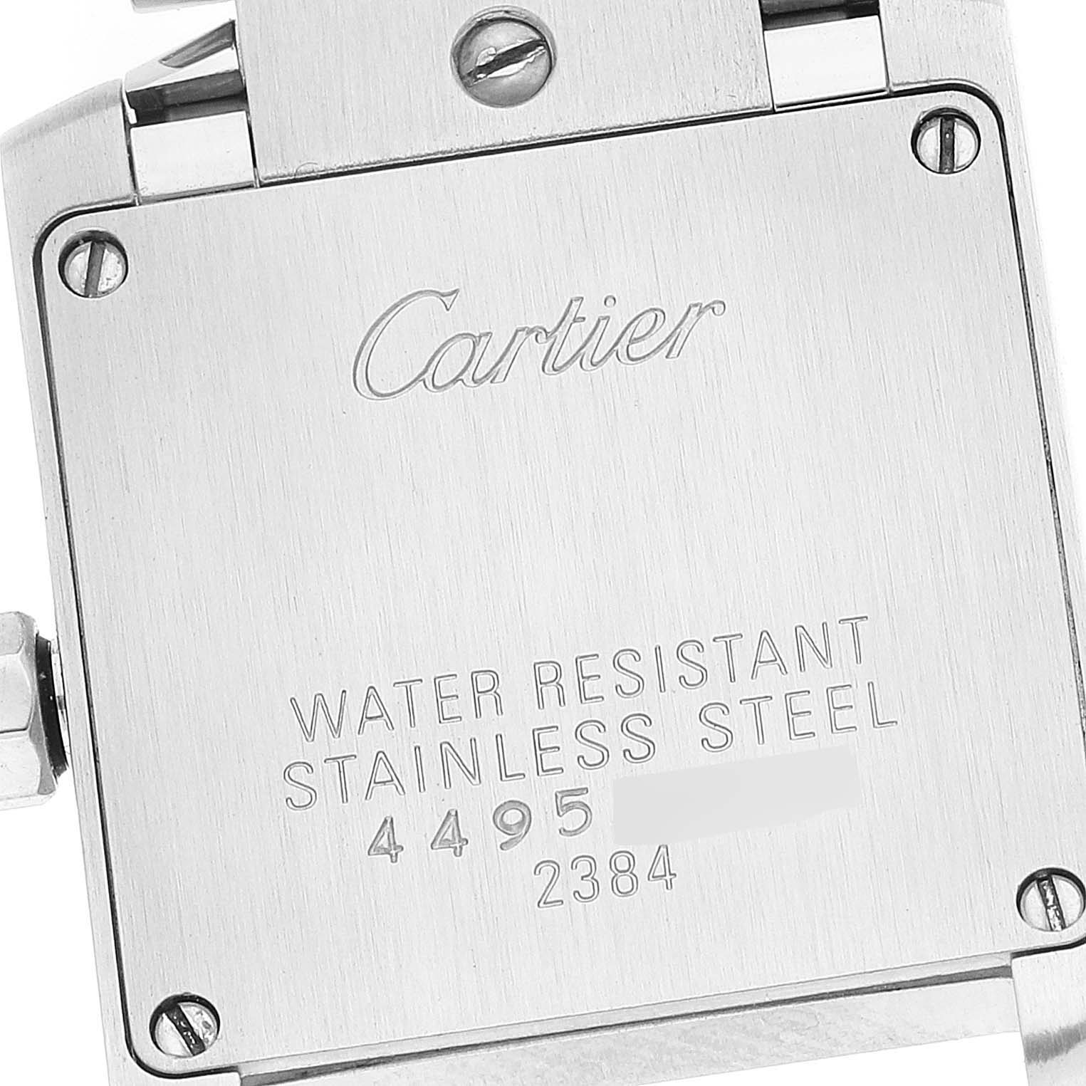 This image shows the back case of a Cartier Tank Francaise W51026Q3 Women's Stainless Steel Black Dial W51026Q3 Women's Stainless Steel Black Dial watch, highlighting its stainless steel construction and water resistance.