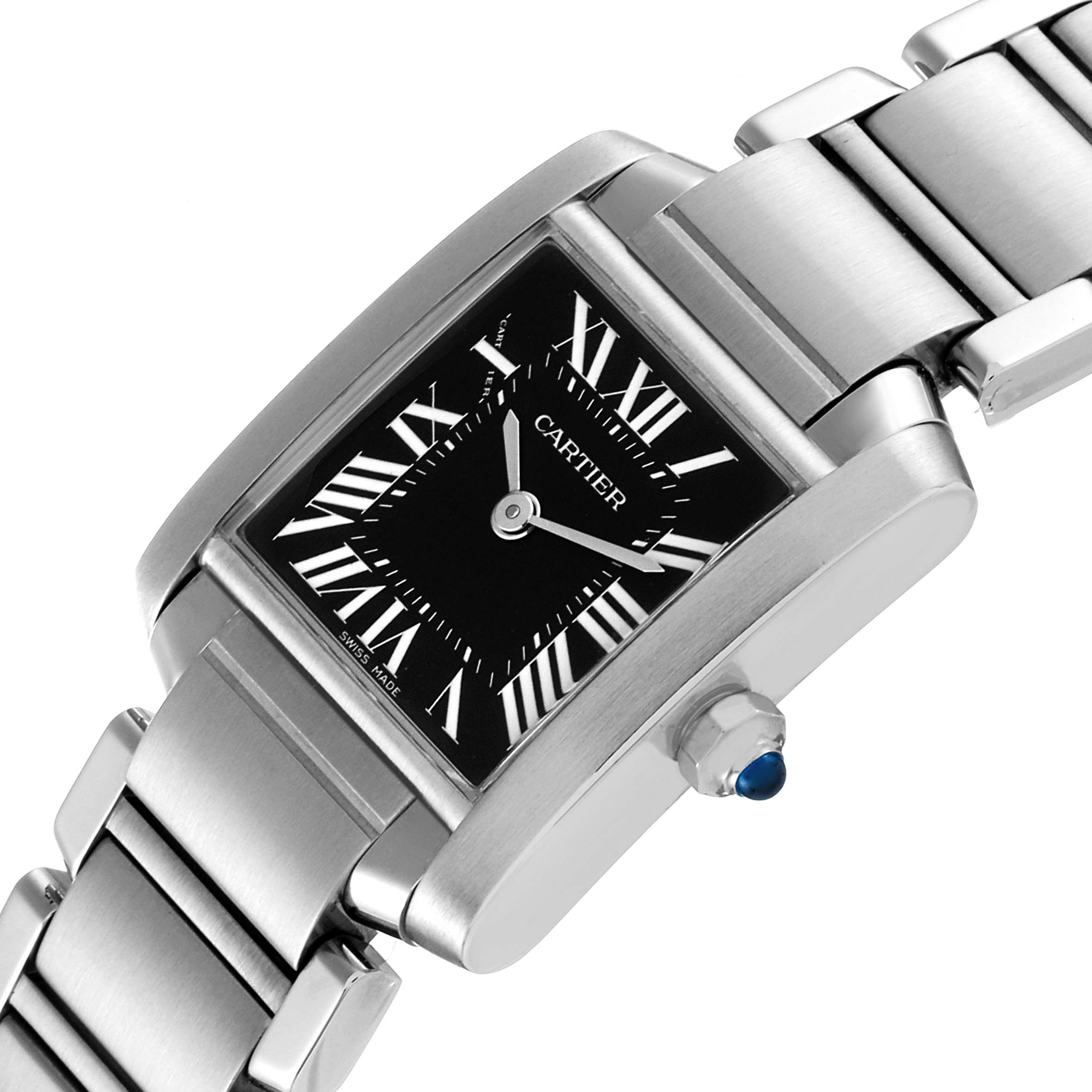 The image shows a Cartier Tank Française watch at an angle highlighting the watch face, part of the bracelet, and the crown.