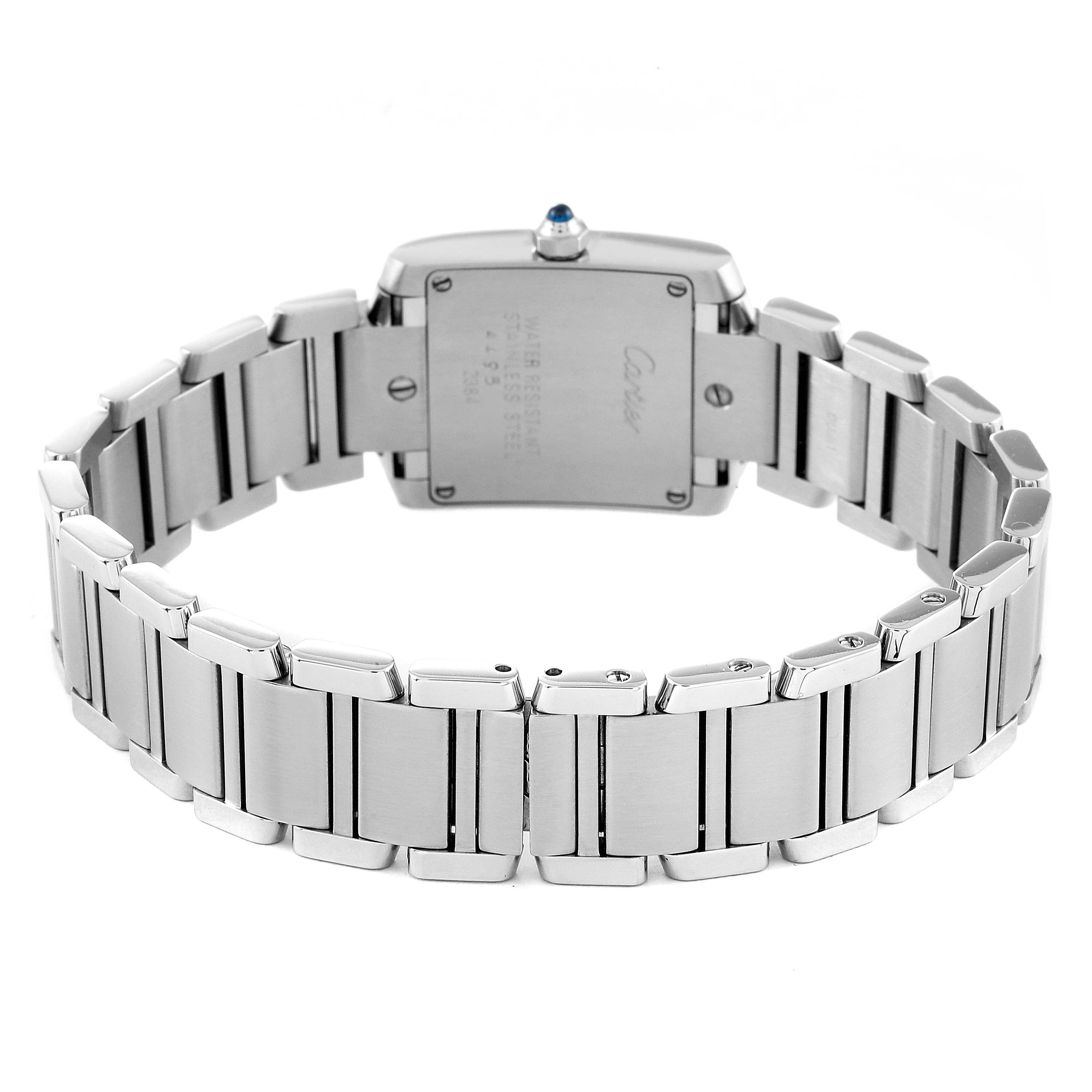 This image shows the back view of the Cartier Tank Française watch, highlighting its stainless steel case and bracelet.