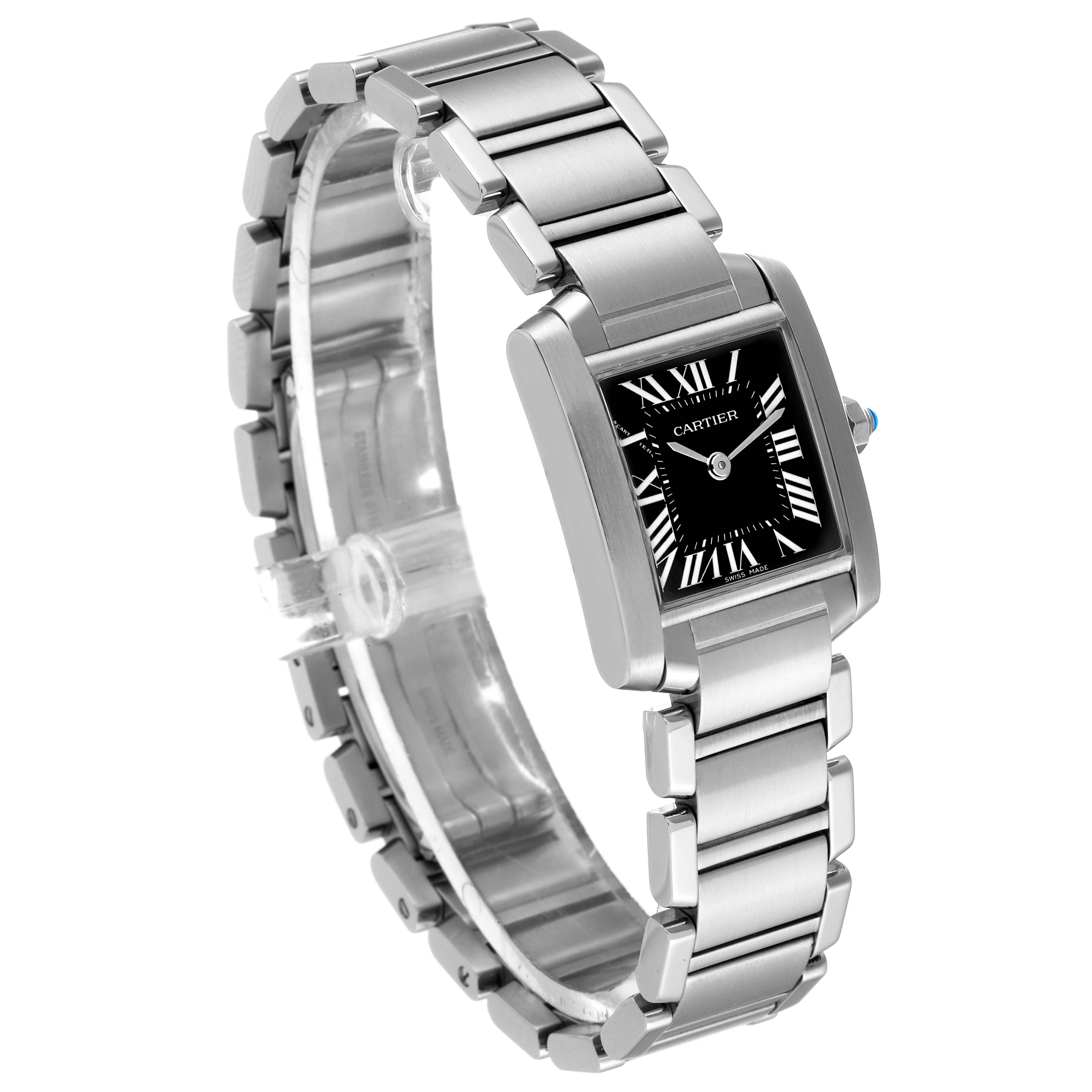 The Cartier Tank Francaise W51026Q3 Women's Stainless Steel Black Dial W51026Q3 Women's Stainless Steel Black Dial wristwatch is shown from a three-quarter angle highlighting its metal band and rectangular face.