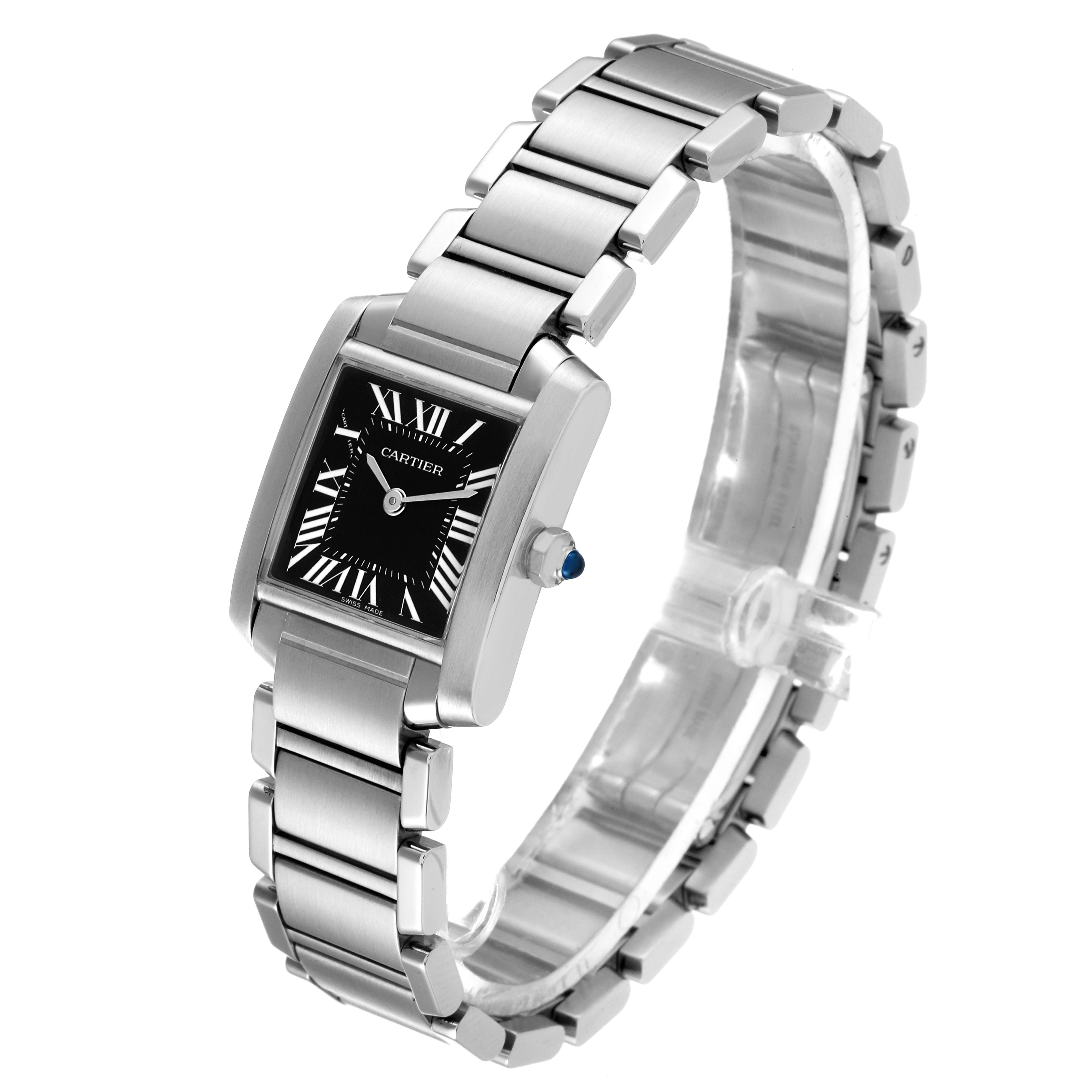The image shows a side angle view of the silver Cartier Tank Francaise W51026Q3 Women's Stainless Steel Black Dial W51026Q3 Women's Stainless Steel Black Dial watch, including its rectangular face and metal bracelet.