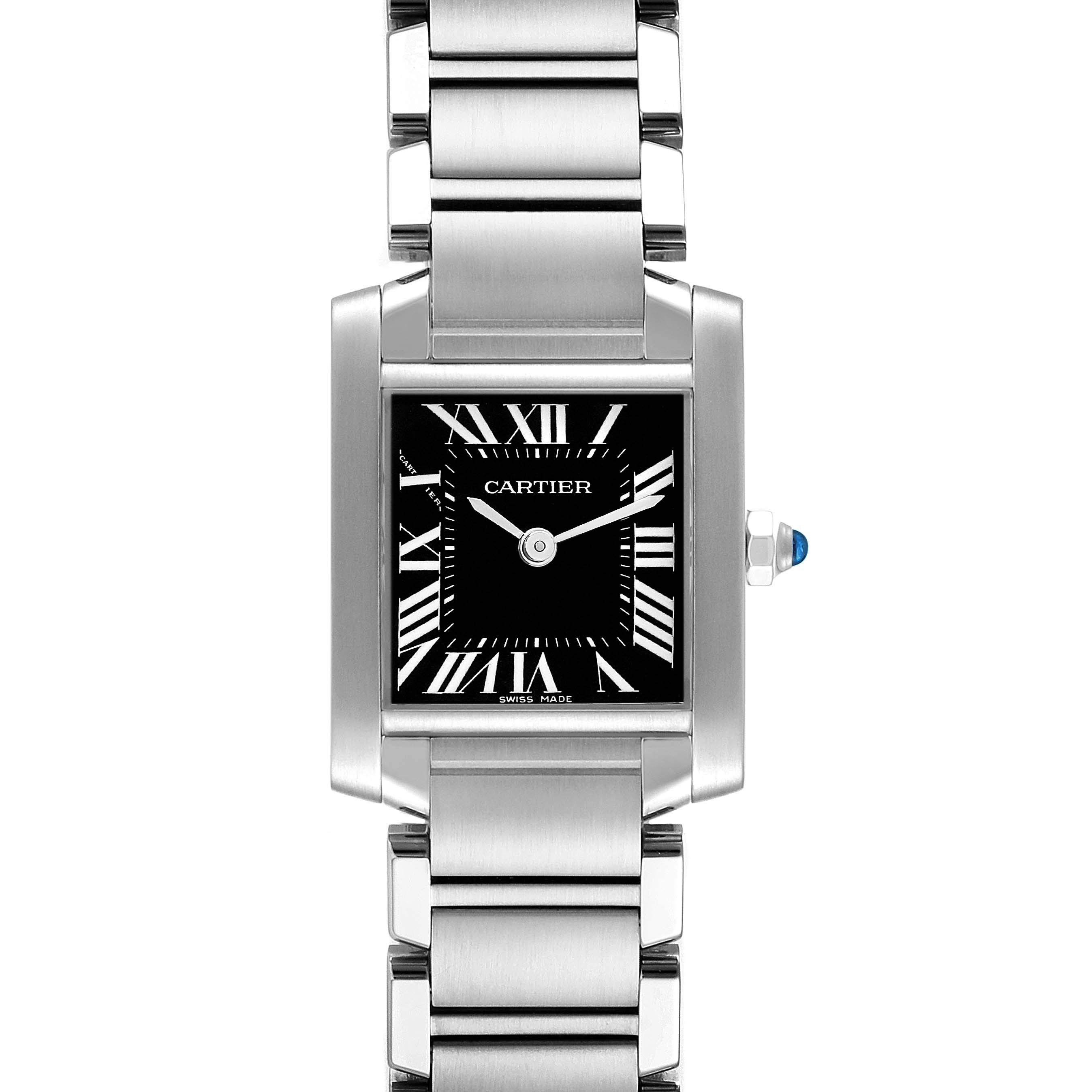 The image shows a front view of the Cartier Tank Française watch, featuring its rectangular dial, stainless steel bracelet, and blue spinel crown.