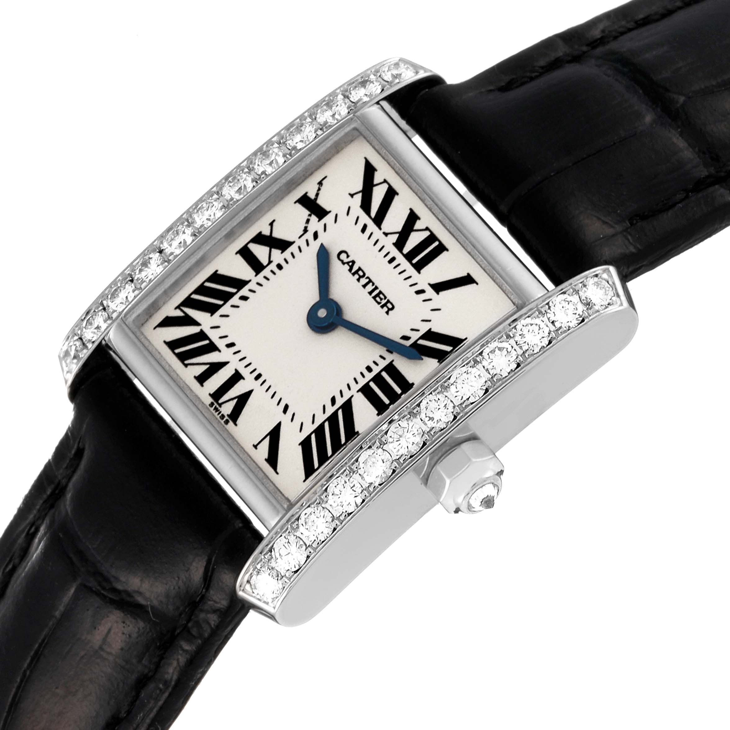 The image shows the face, bezel with diamonds, crown, and black leather strap of the Cartier Tank Française watch.