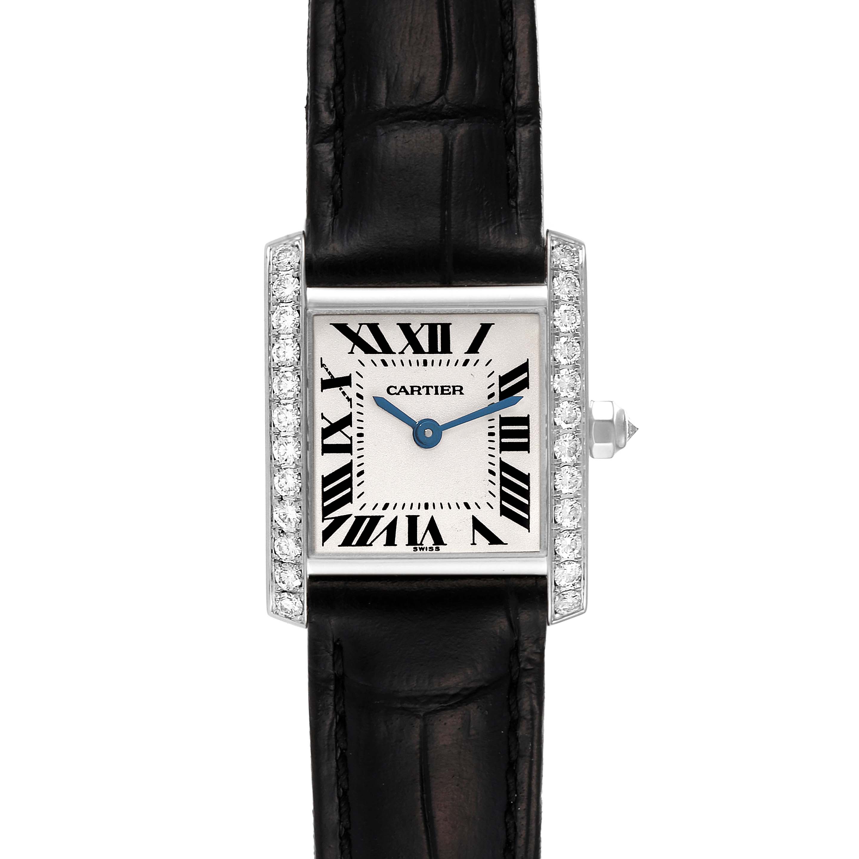 The Cartier Tank Francaise WE100251 Women's White Gold Silver Dial WE100251 Women's White Gold Silver Dial watch is shown from a top-down angle, highlighting its face, bezel with diamonds, and black leather strap.