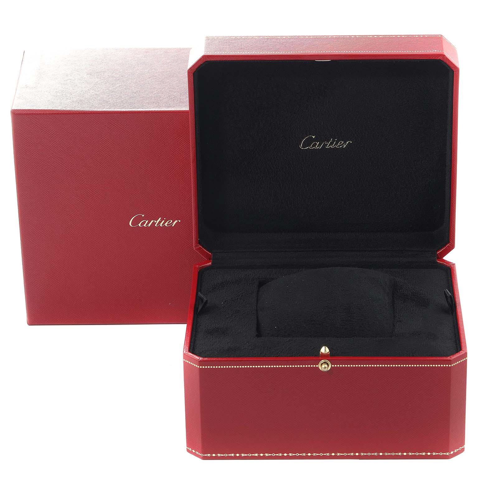 This is the packaging for a Cartier Tank Française watch, showing both the outer and inner red boxes with the lid open.