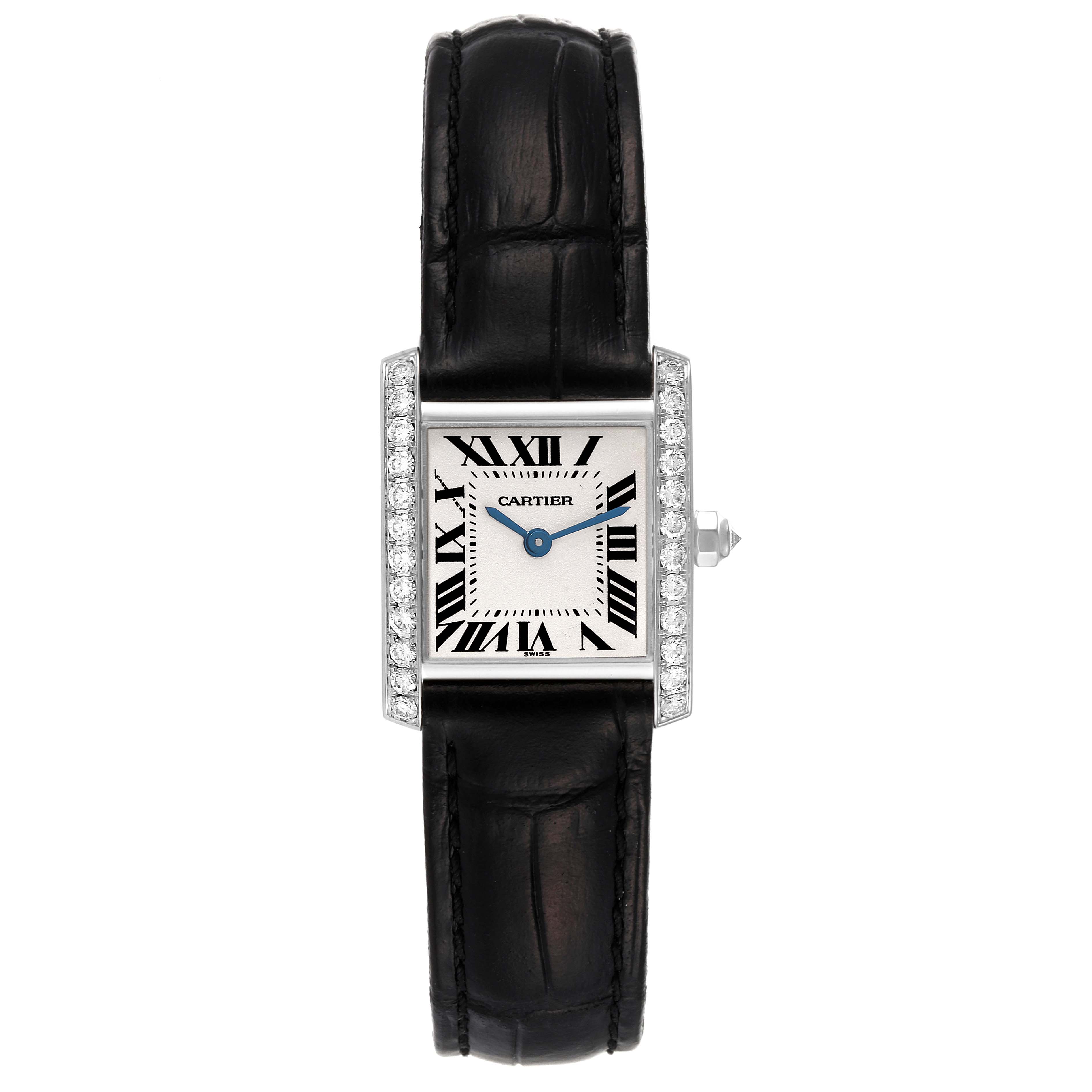 The image shows a front view of a Cartier Tank Francaise WE100251 Women's White Gold Silver Dial WE100251 Women's White Gold Silver Dial watch with a black leather strap and a rectangular face with diamond accents.