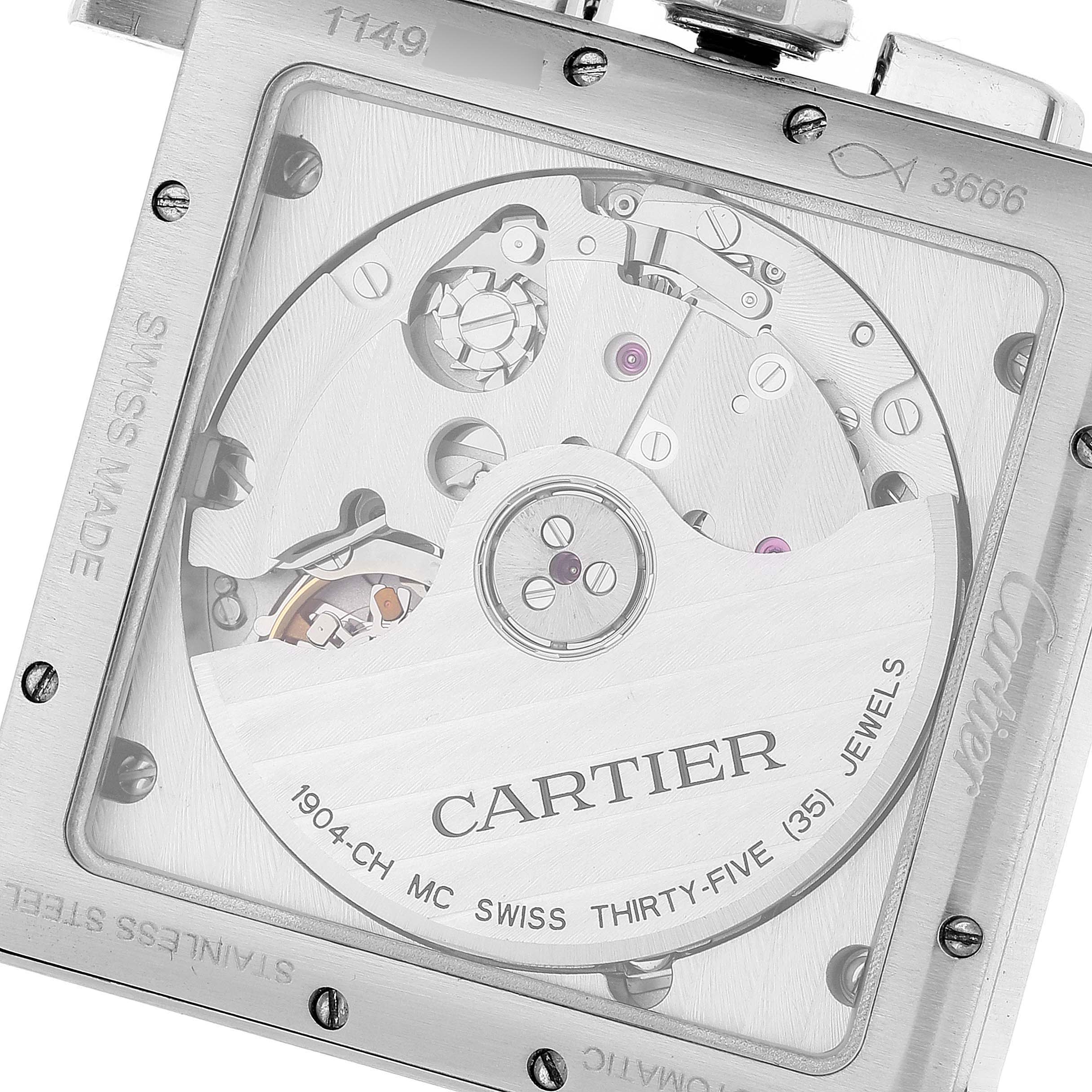 This image showcases the intricate internal mechanism of the Tank MC watch by Cartier, viewed from the back.