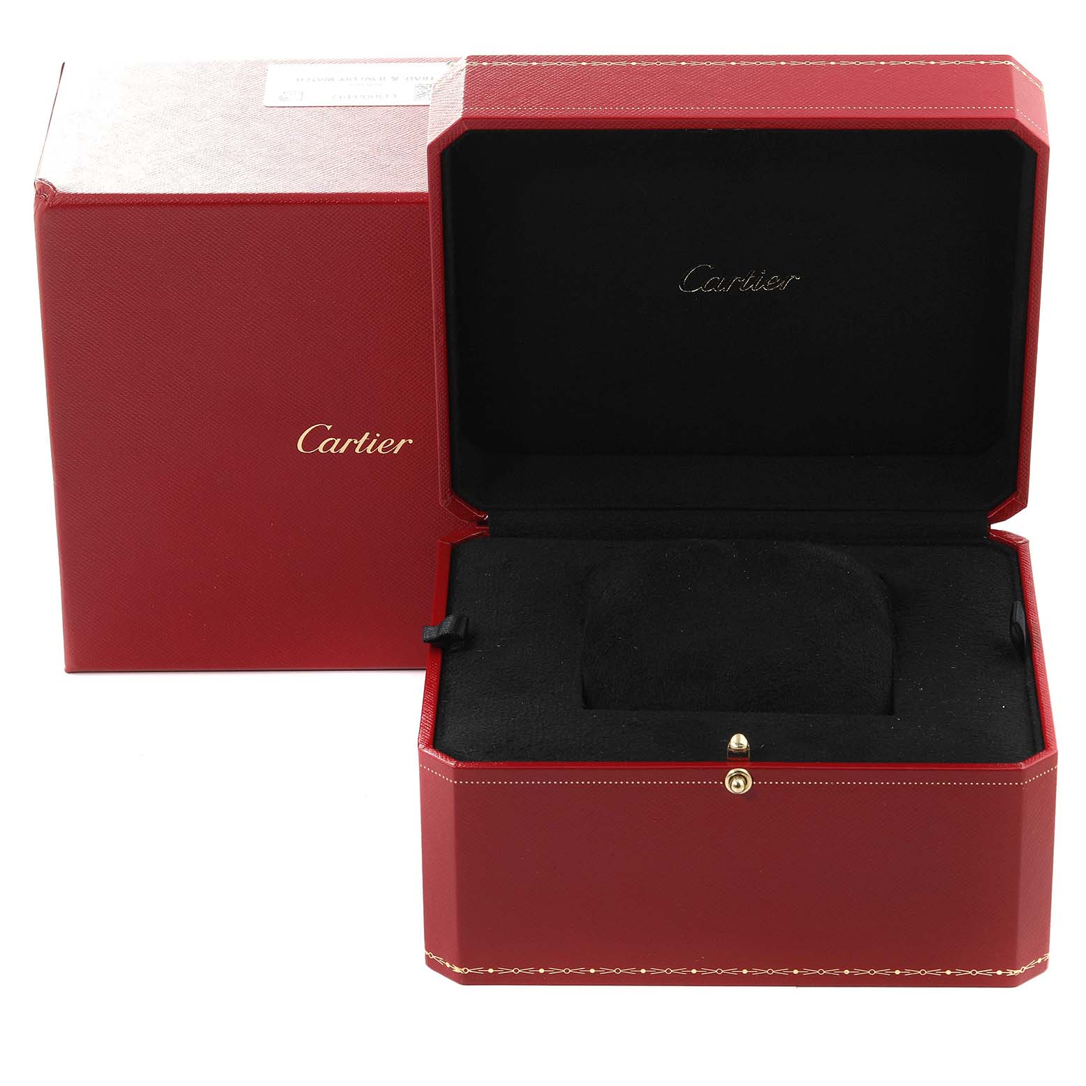 The image shows an open red Cartier box for the Tank MC model watch, along with its outer packaging.