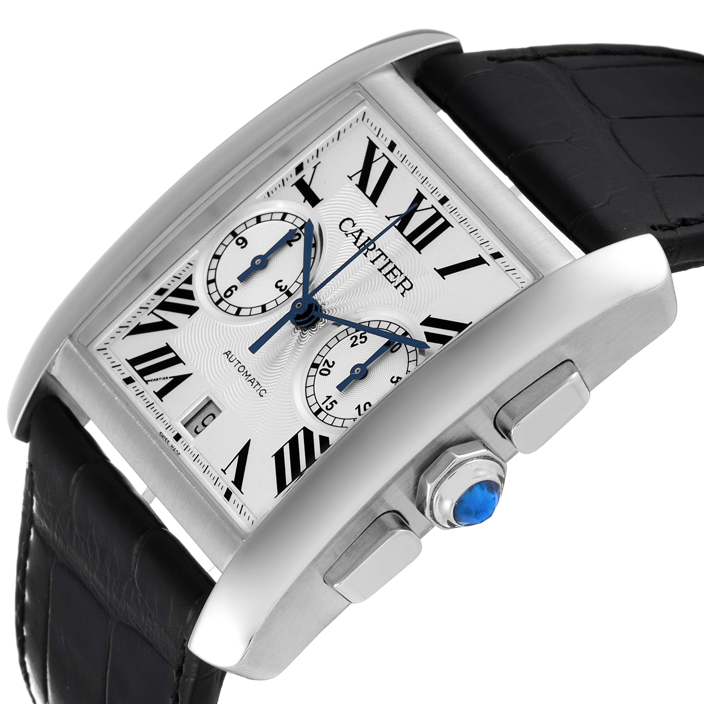 The Cartier Tank MC W5330007 Men's Stainless Steel Silver Dial W5330007 Men's Stainless Steel Silver Dial watch is shown at an angle emphasizing its dial, crown, and side buttons.