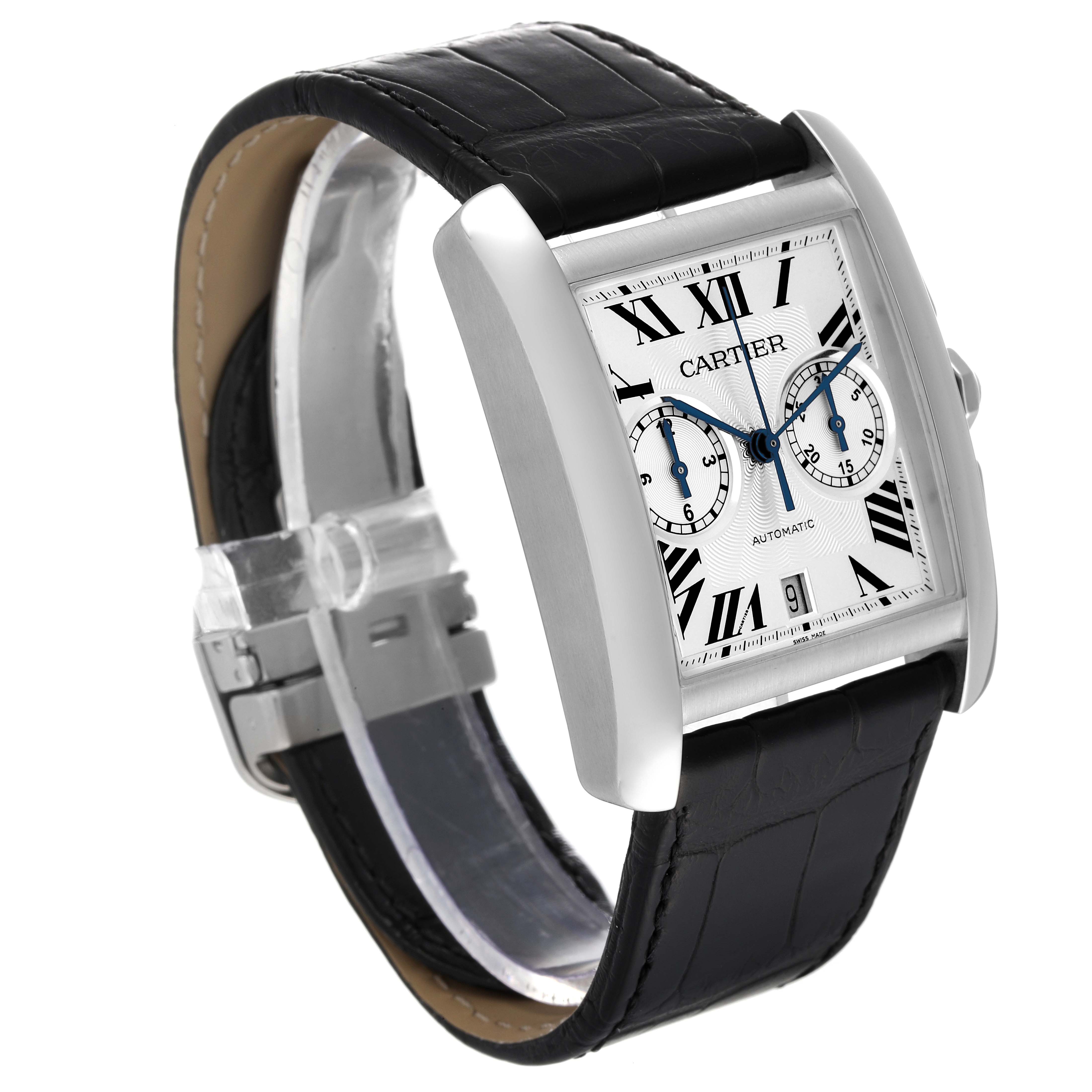 The Cartier Tank MC W5330007 Men's Stainless Steel Silver Dial W5330007 Men's Stainless Steel Silver Dial watch is shown at a front-left angle, highlighting its rectangular face, black leather strap, and chronograph dials.