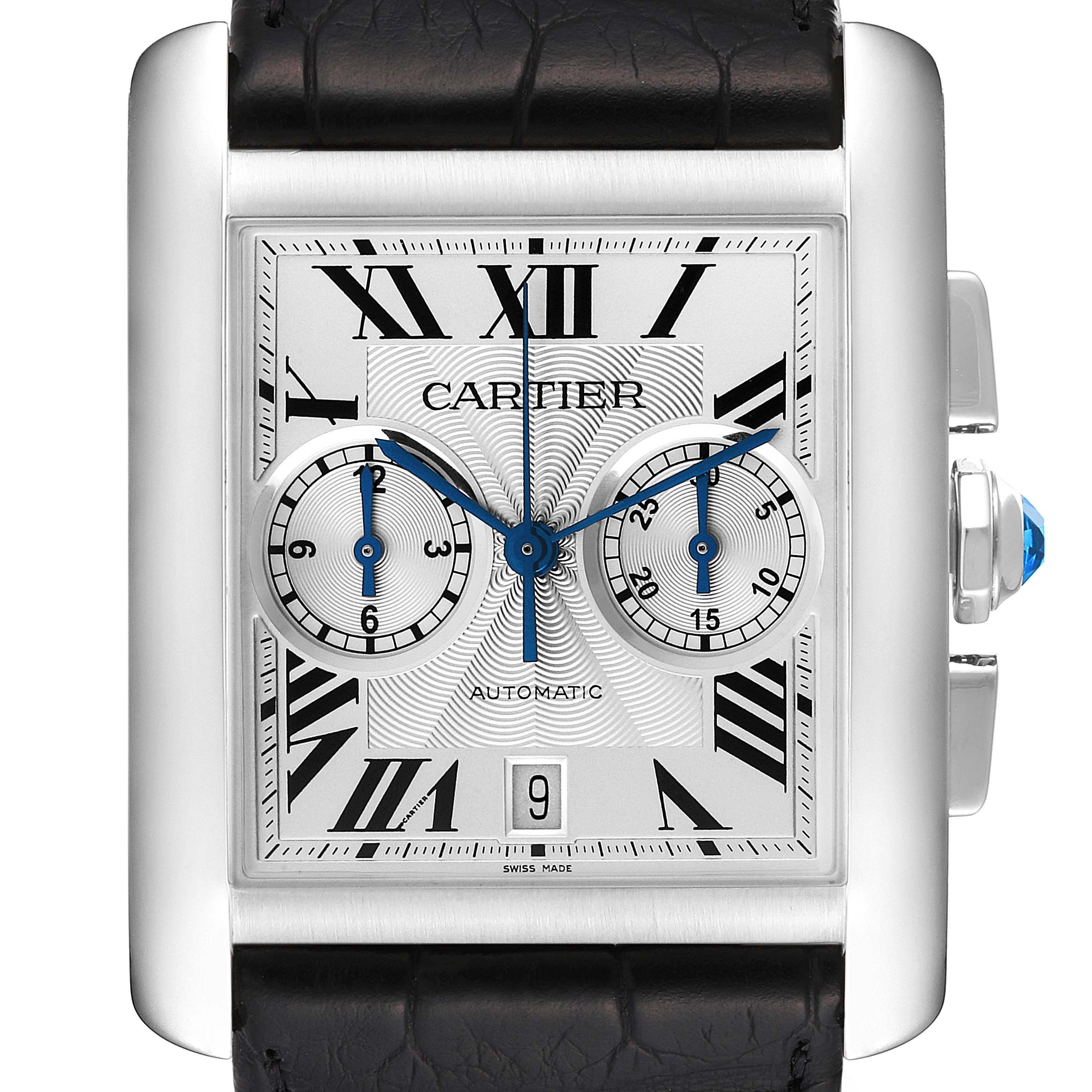 The Cartier Tank MC W5330007 Men's Stainless Steel Silver Dial W5330007 Men's Stainless Steel Silver Dial watch is shown from the front, highlighting its face, blue hands, Roman numerals, and black leather strap.