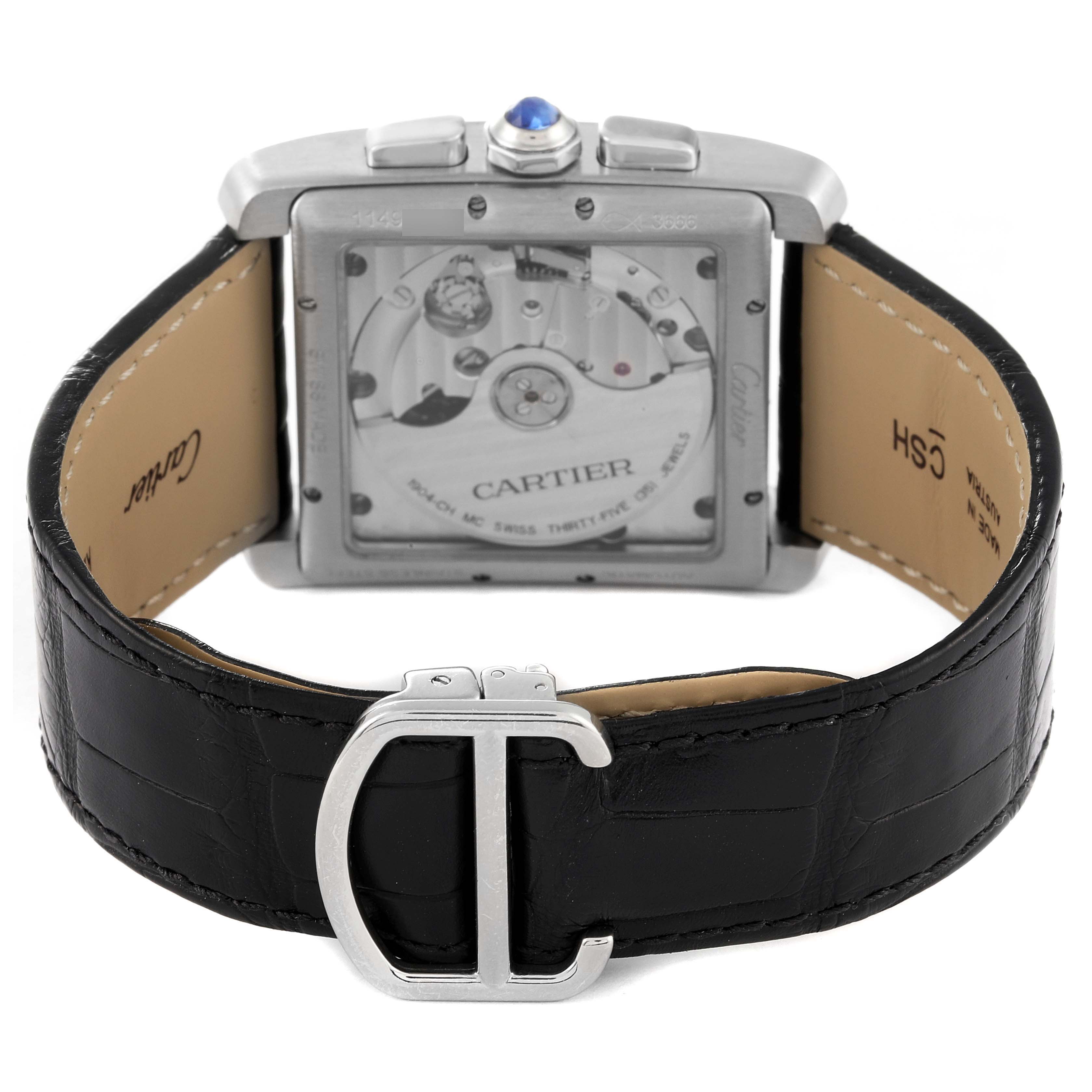 The image shows the back view of a Cartier Tank MC W5330007 Men's Stainless Steel Silver Dial W5330007 Men's Stainless Steel Silver Dial watch, highlighting the movement and black leather strap with a clasp.