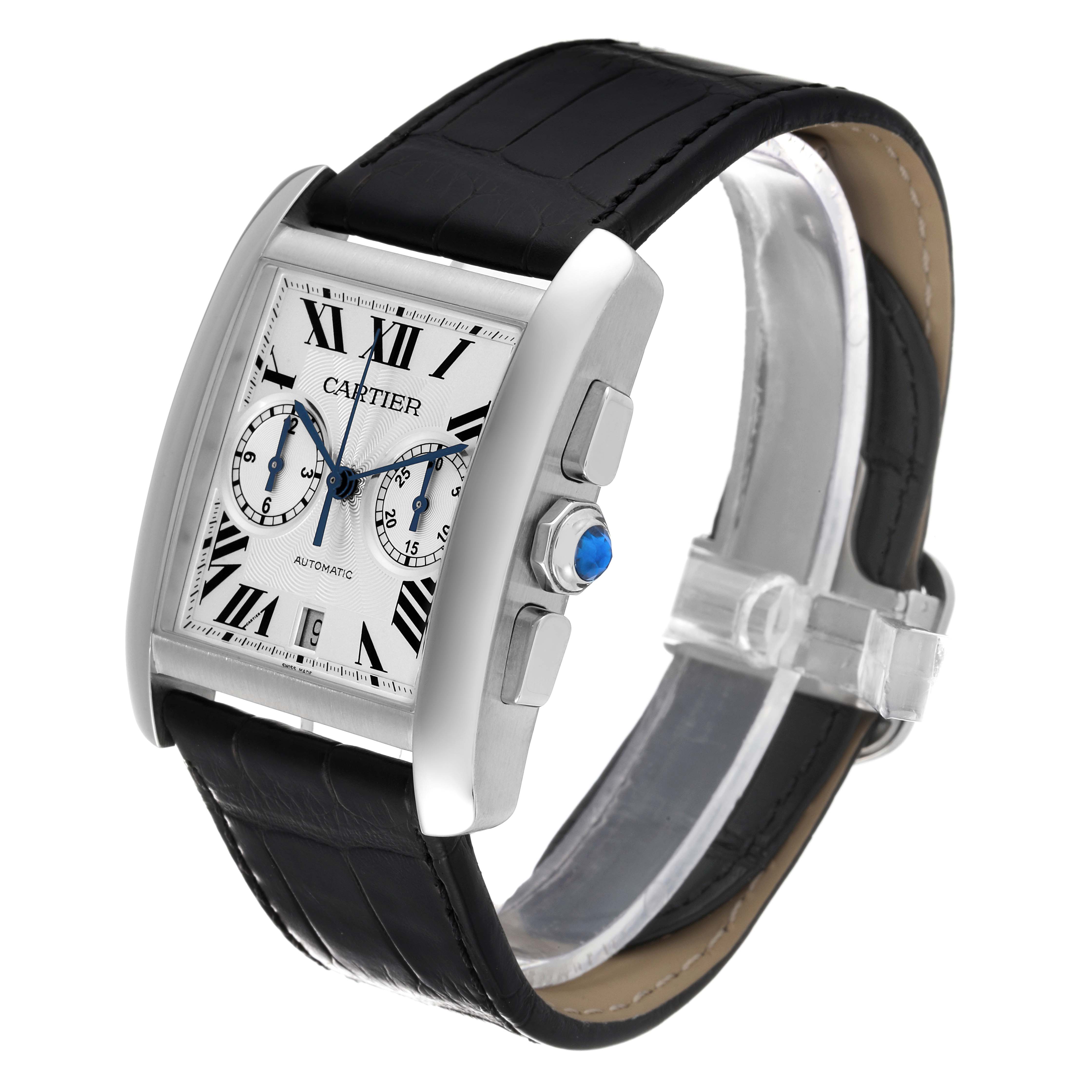 The image shows a Cartier Tank MC W5330007 Men's Stainless Steel Silver Dial W5330007 Men's Stainless Steel Silver Dial watch from a three-quarter angle, highlighting the dial, case, crown, and strap.