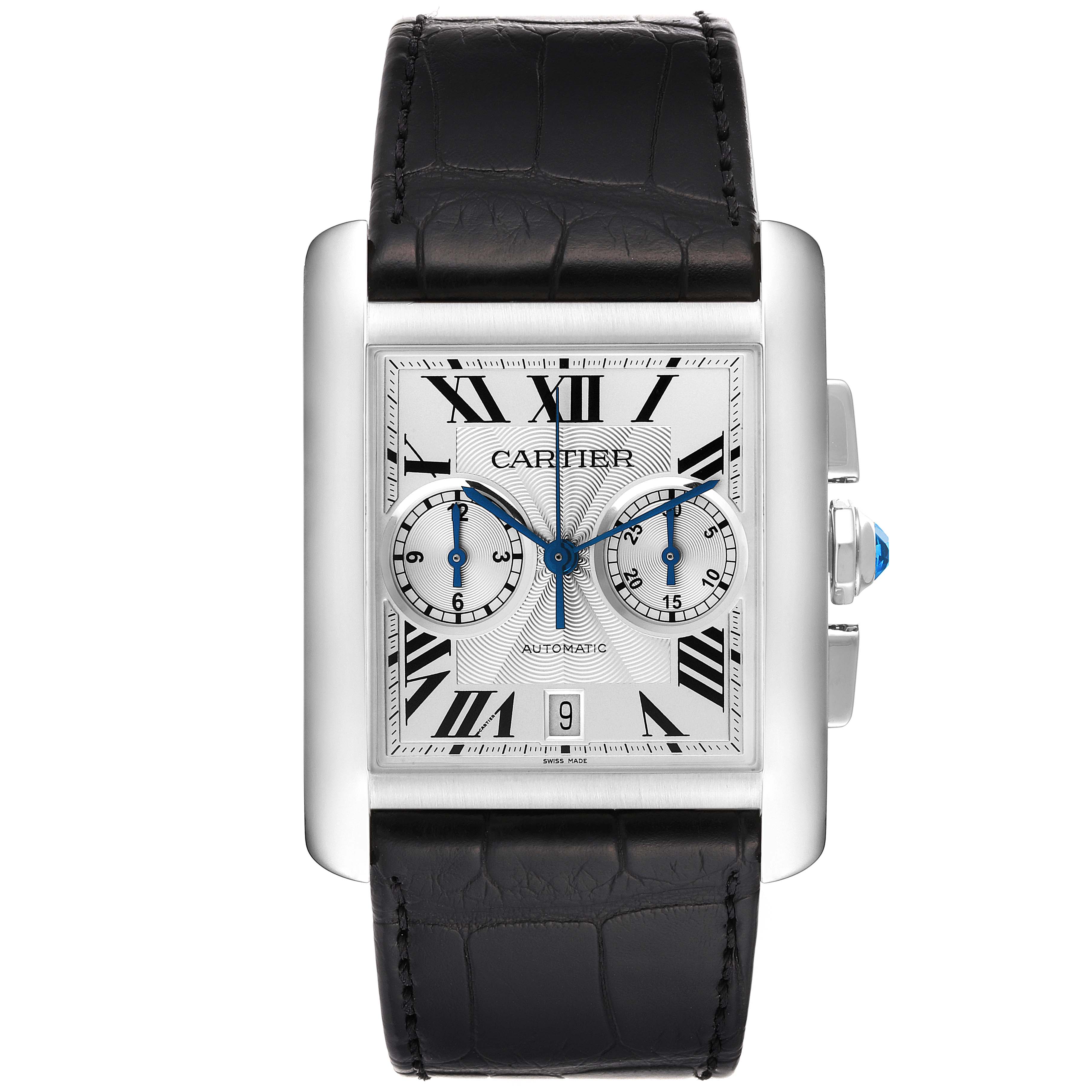 The image shows a Cartier Tank MC W5330007 Men's Stainless Steel Silver Dial W5330007 Men's Stainless Steel Silver Dial watch from a front angle, highlighting its rectangular dial, black leather strap, and blue hands.