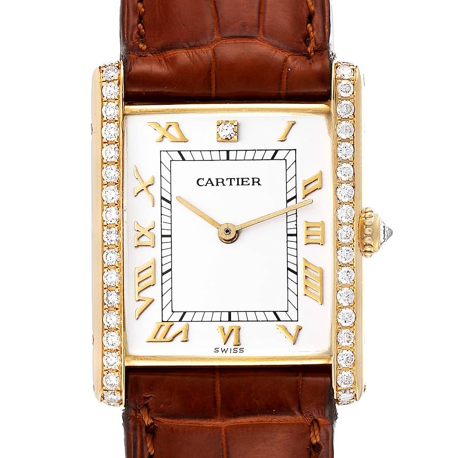 Cartier Tank Mecanique 18k Yellow Gold Diamond White Dial Ladies Watch 1612 SwissWatchExpo