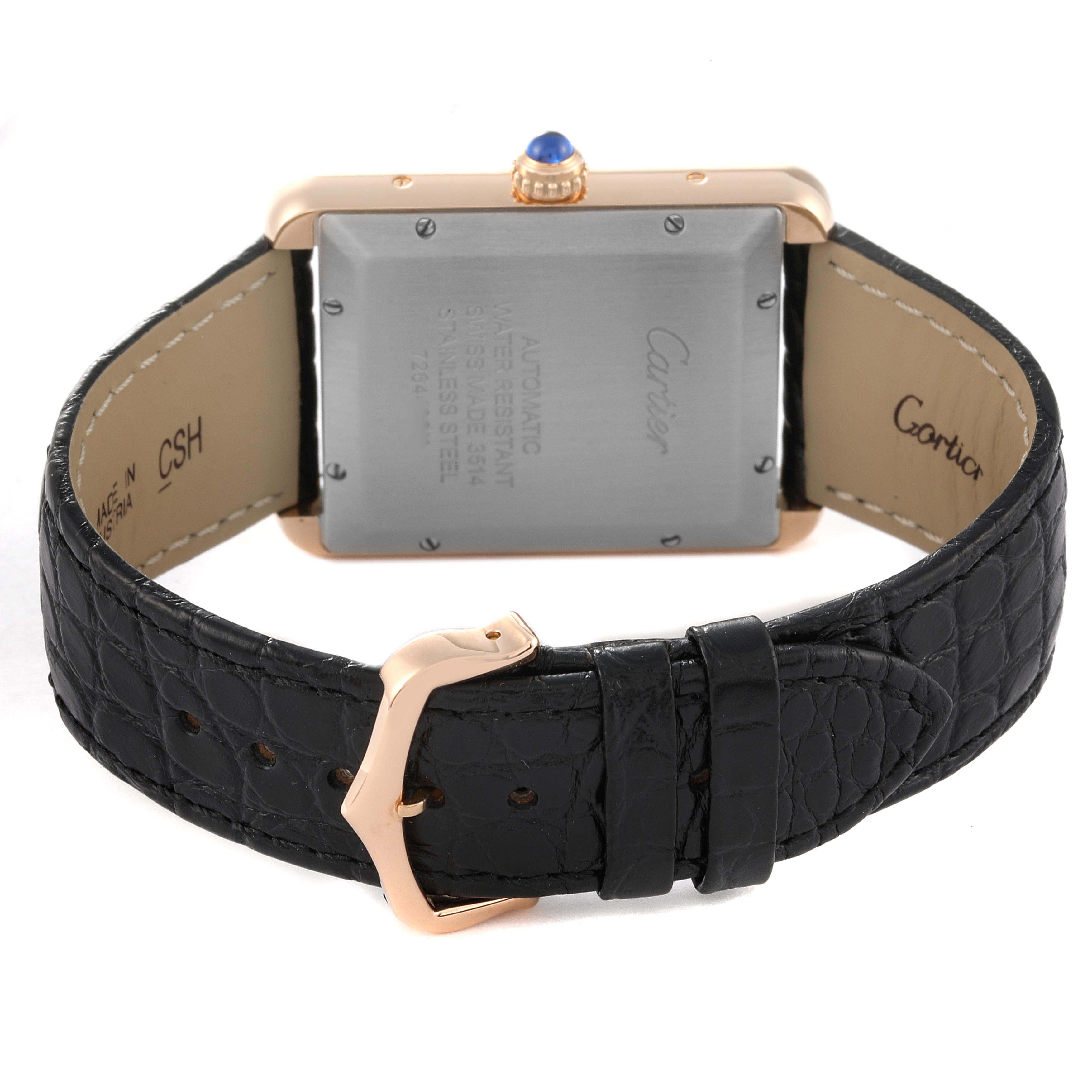The image shows the back of a Cartier Tank Solo W5200026 Men's Rose Gold Silver Dial W5200026 Men's Rose Gold Silver Dial watch and its black leather strap.