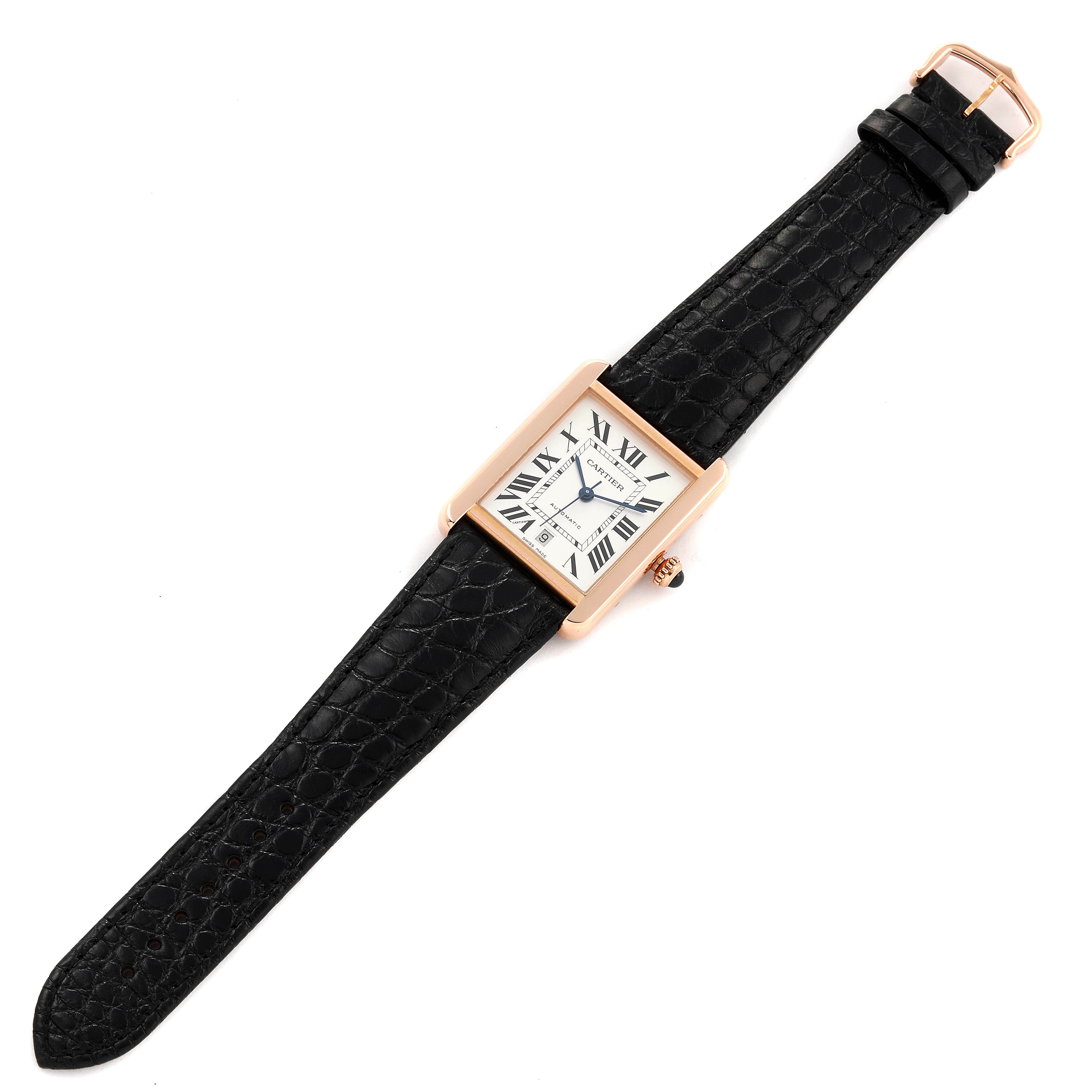 The image shows a Cartier Tank Solo W5200026 Men's Rose Gold Silver Dial W5200026 Men's Rose Gold Silver Dial watch positioned flat, displaying the face, leather strap, and buckle.