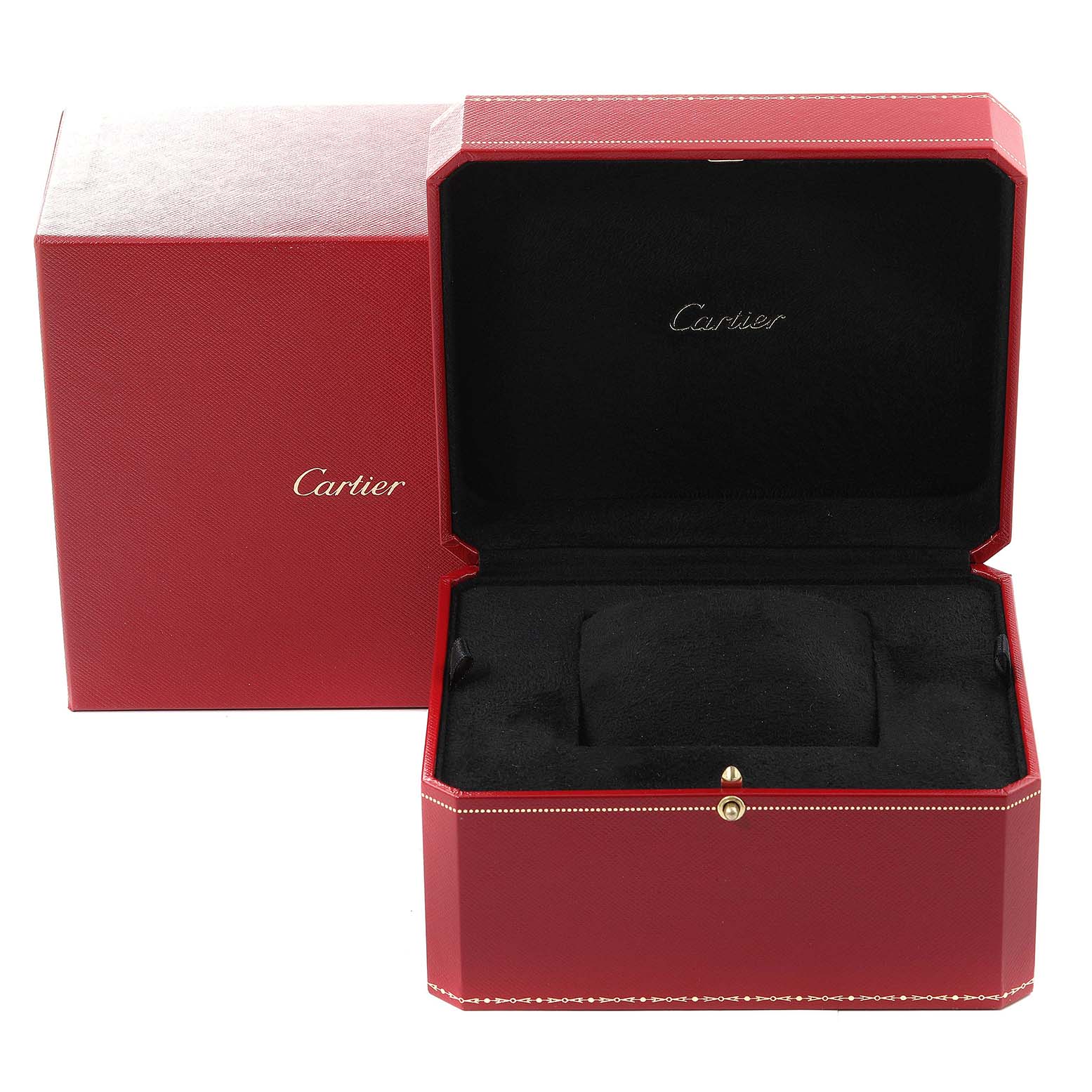 The image shows an open Cartier Tank Solo W5200026 Men's Rose Gold Silver Dial W5200026 Men's Rose Gold Silver Dial watch box and its outer red packaging.