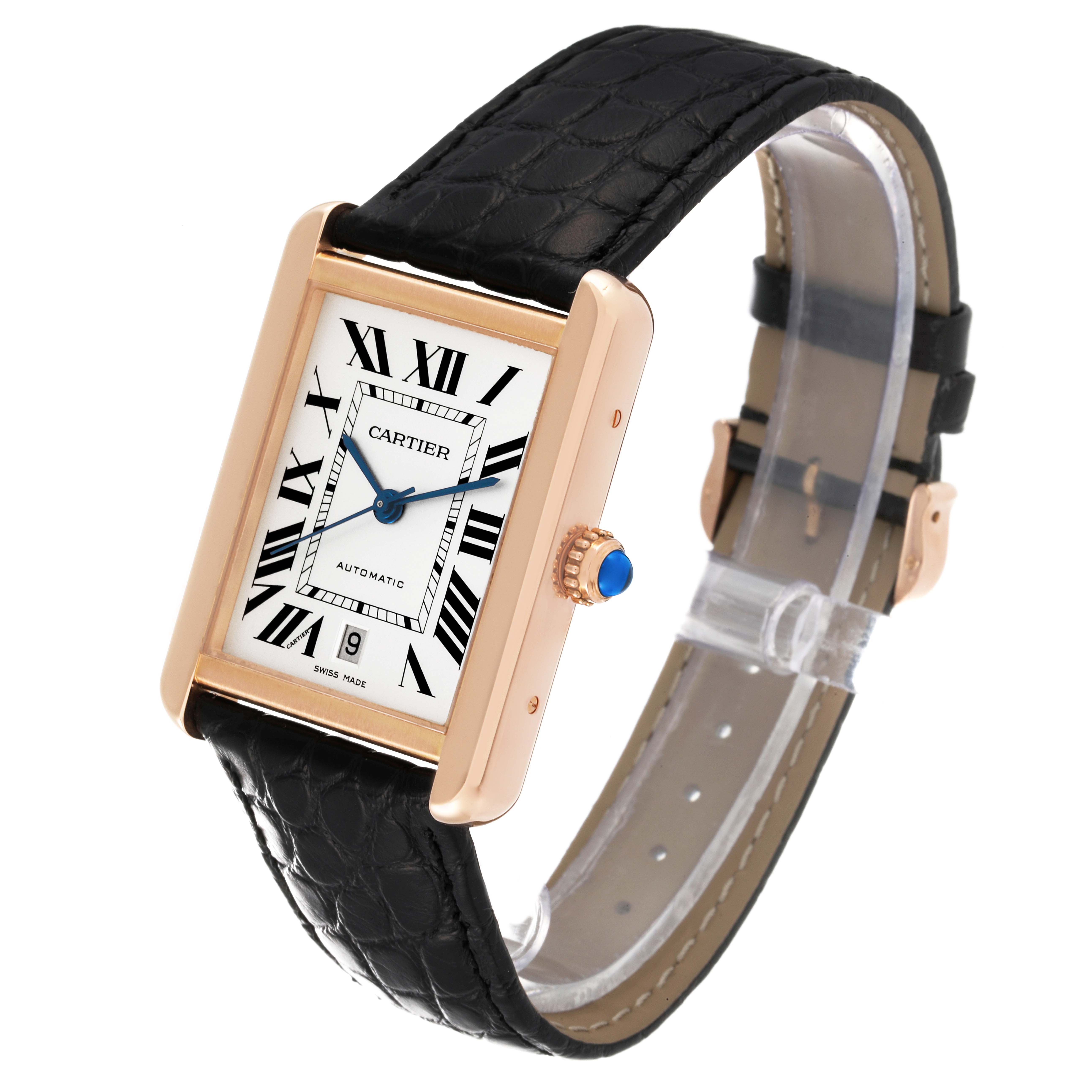 The Cartier Tank Solo W5200026 Men's Rose Gold Silver Dial W5200026 Men's Rose Gold Silver Dial watch is shown at an angled view with a clear display of its rectangular face and black leather strap.
