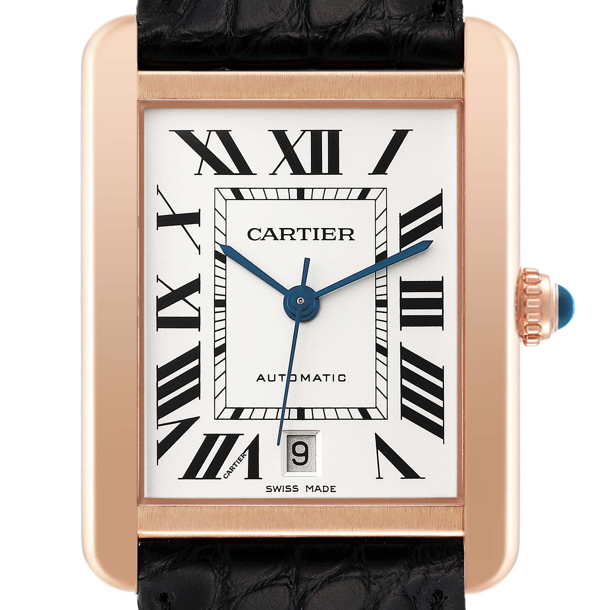 The image shows a Cartier Tank Solo W5200026 Men's Rose Gold Silver Dial W5200026 Men's Rose Gold Silver Dial watch face from a front-angle view, highlighting the Roman numerals, hands, and date window.