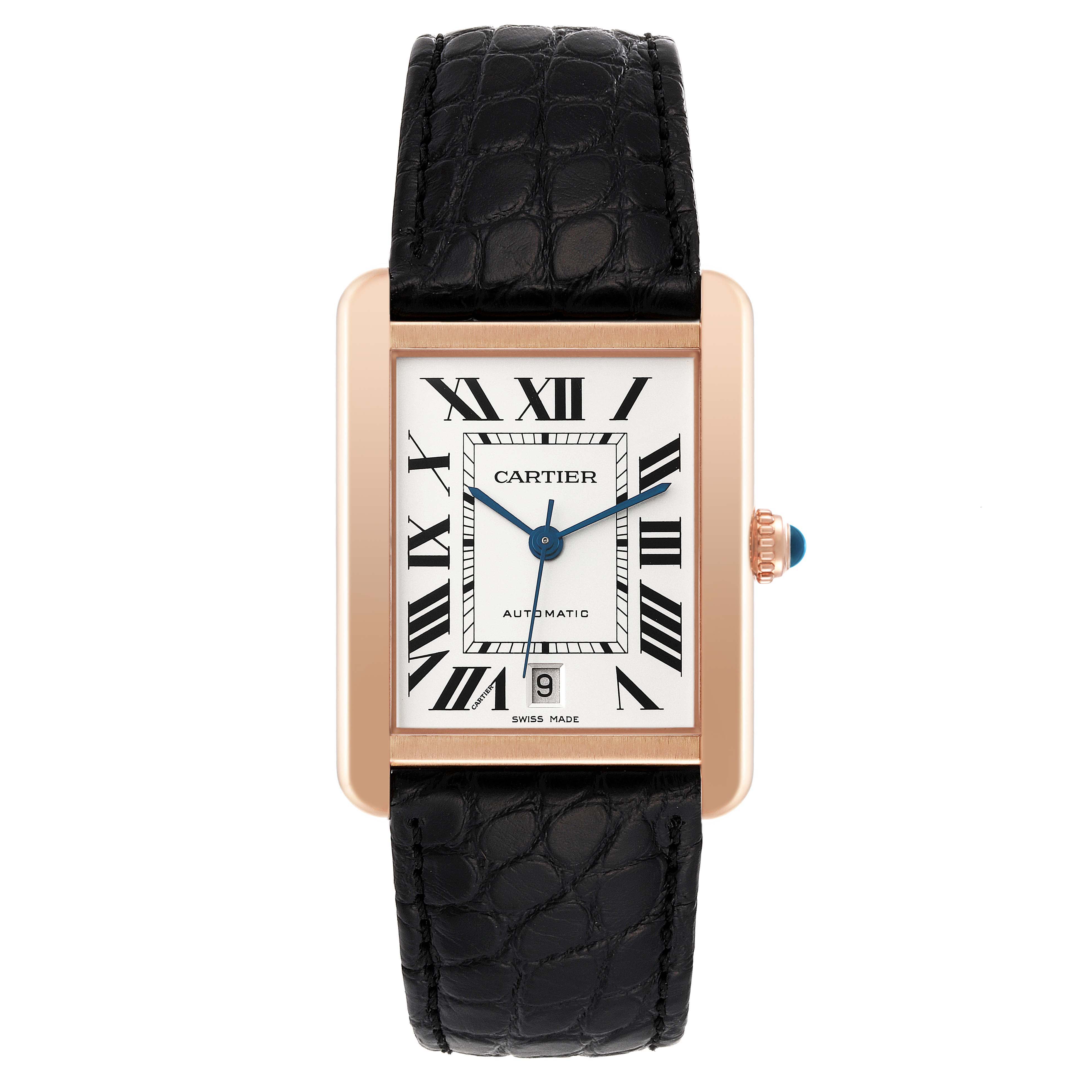 The image shows a front view of a Cartier Tank Solo W5200026 Men's Rose Gold Silver Dial W5200026 Men's Rose Gold Silver Dial watch with a black leather strap.