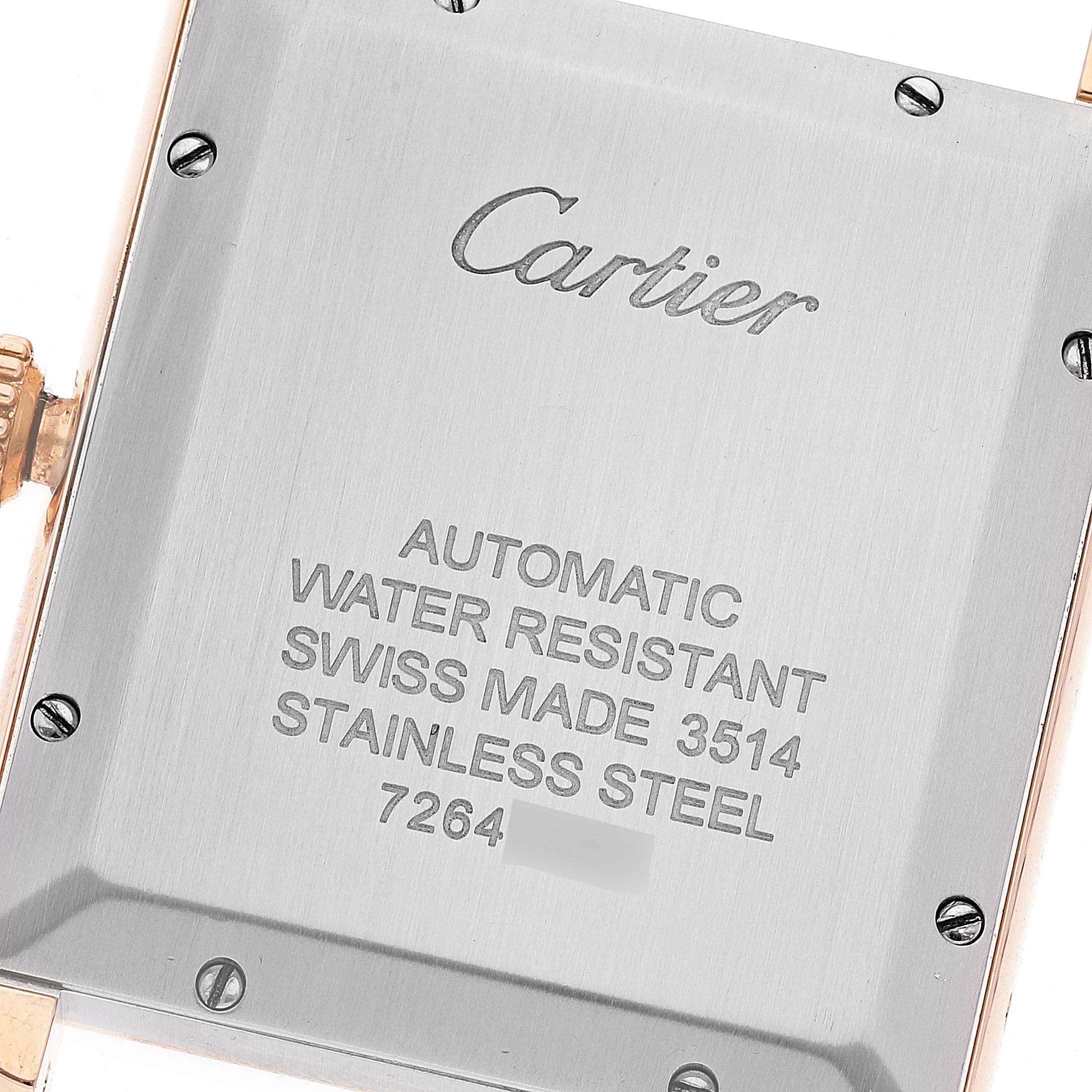 The image shows the back case of a Cartier Tank Solo W5200026 Men's Rose Gold Silver Dial W5200026 Men's Rose Gold Silver Dial watch, highlighting its engravings and screws.
