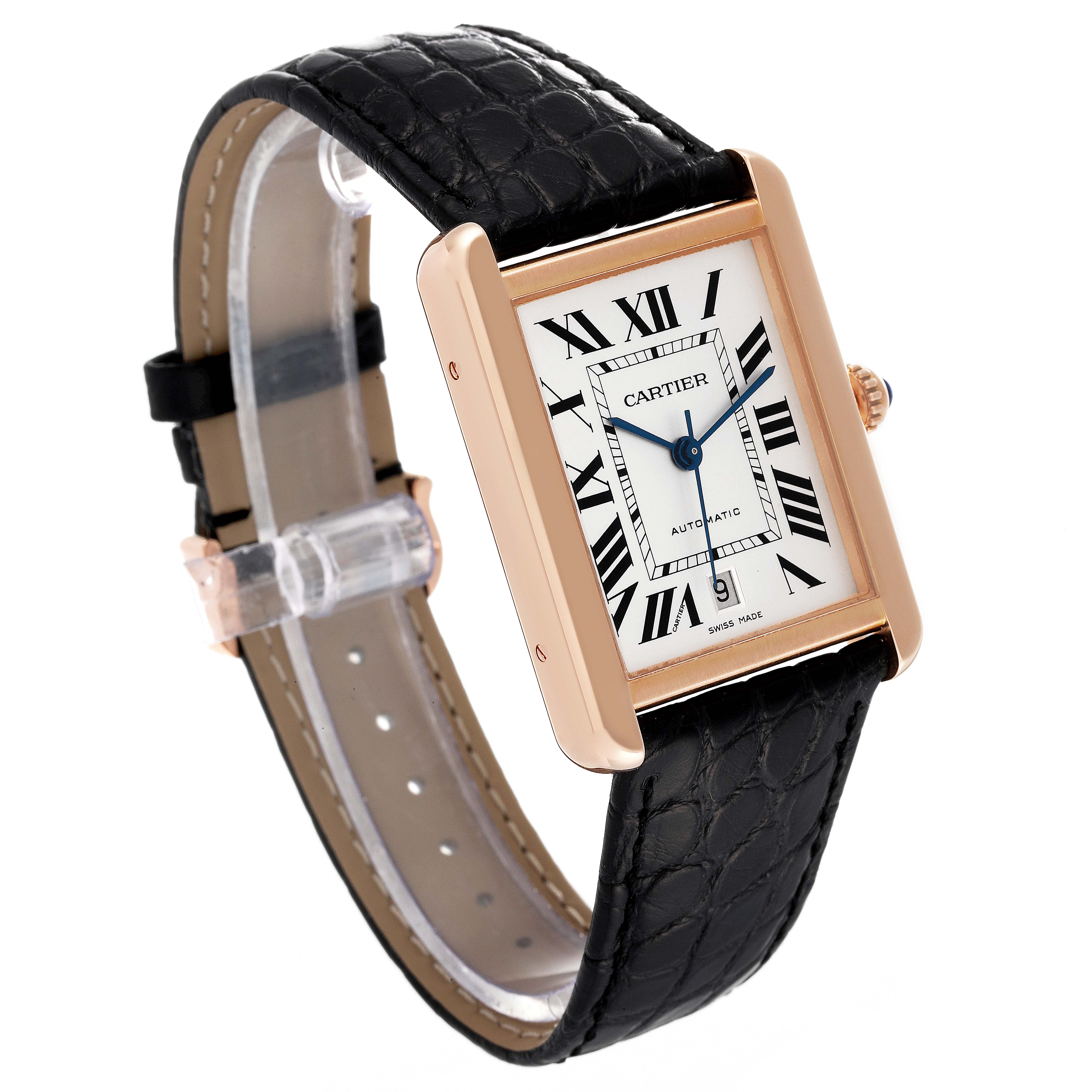 The image shows a Cartier Tank Solo W5200026 Men's Rose Gold Silver Dial W5200026 Men's Rose Gold Silver Dial watch at a slight angle, highlighting its rectangular face, Roman numeral dial, and black leather strap.