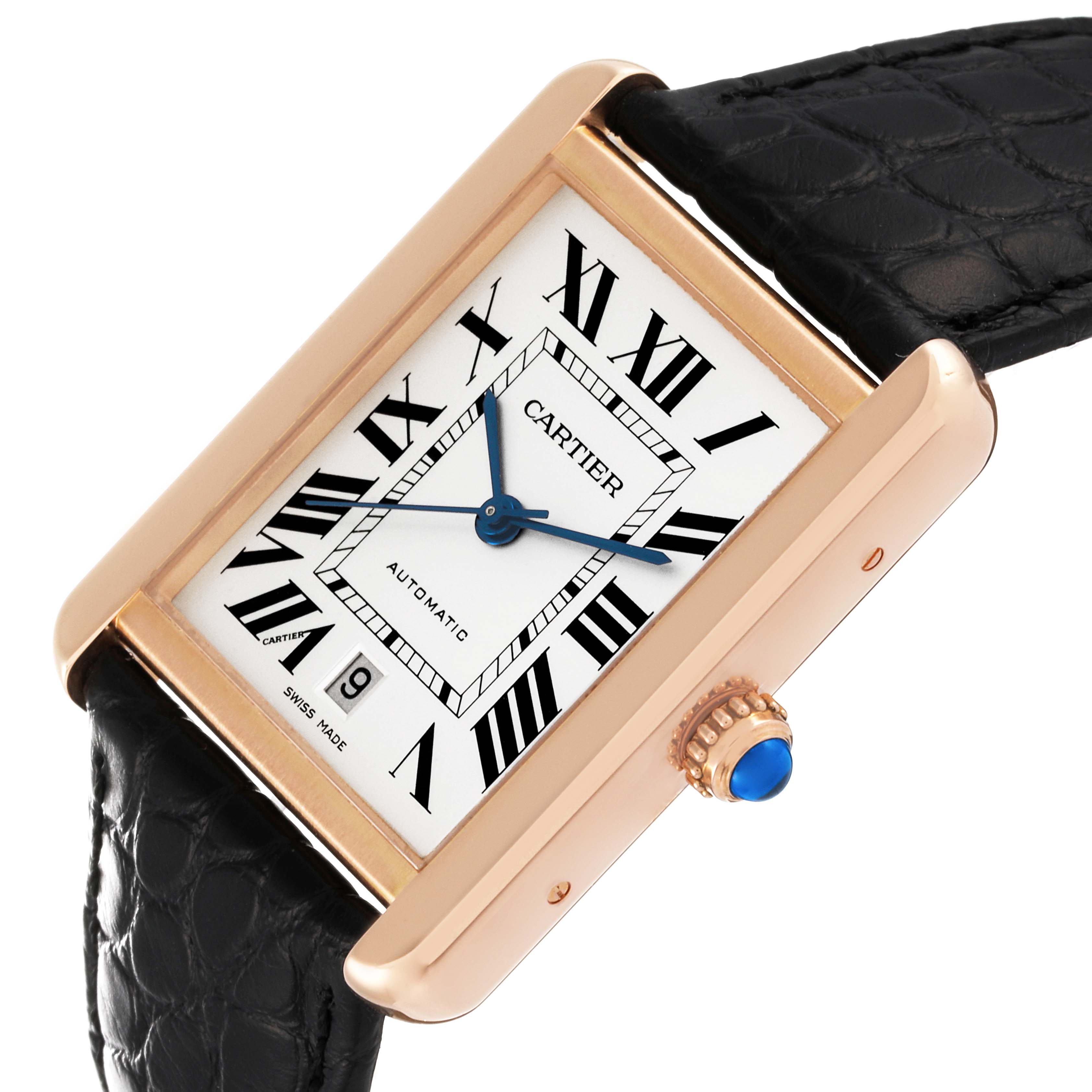 The image shows a Cartier Tank Solo W5200026 Men's Rose Gold Silver Dial W5200026 Men's Rose Gold Silver Dial watch at a slight angle, highlighting its face, crown, and leather strap.