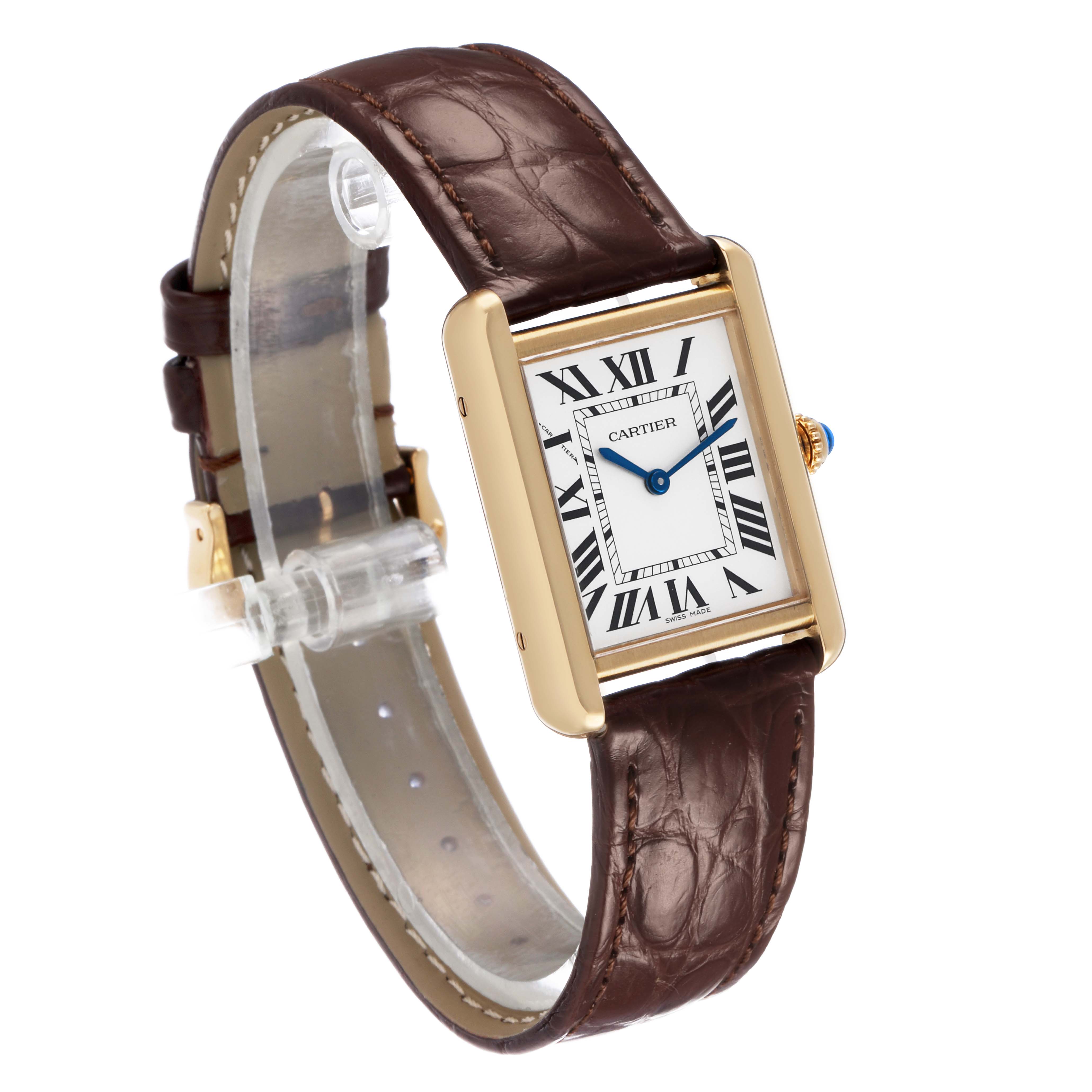 The Cartier Tank Solo W5200002 Women's Steel and Gold (two tone) Silver Dial watch is shown at an angled view displaying its rectangular face, gold casing, blue hands, and brown leather strap.