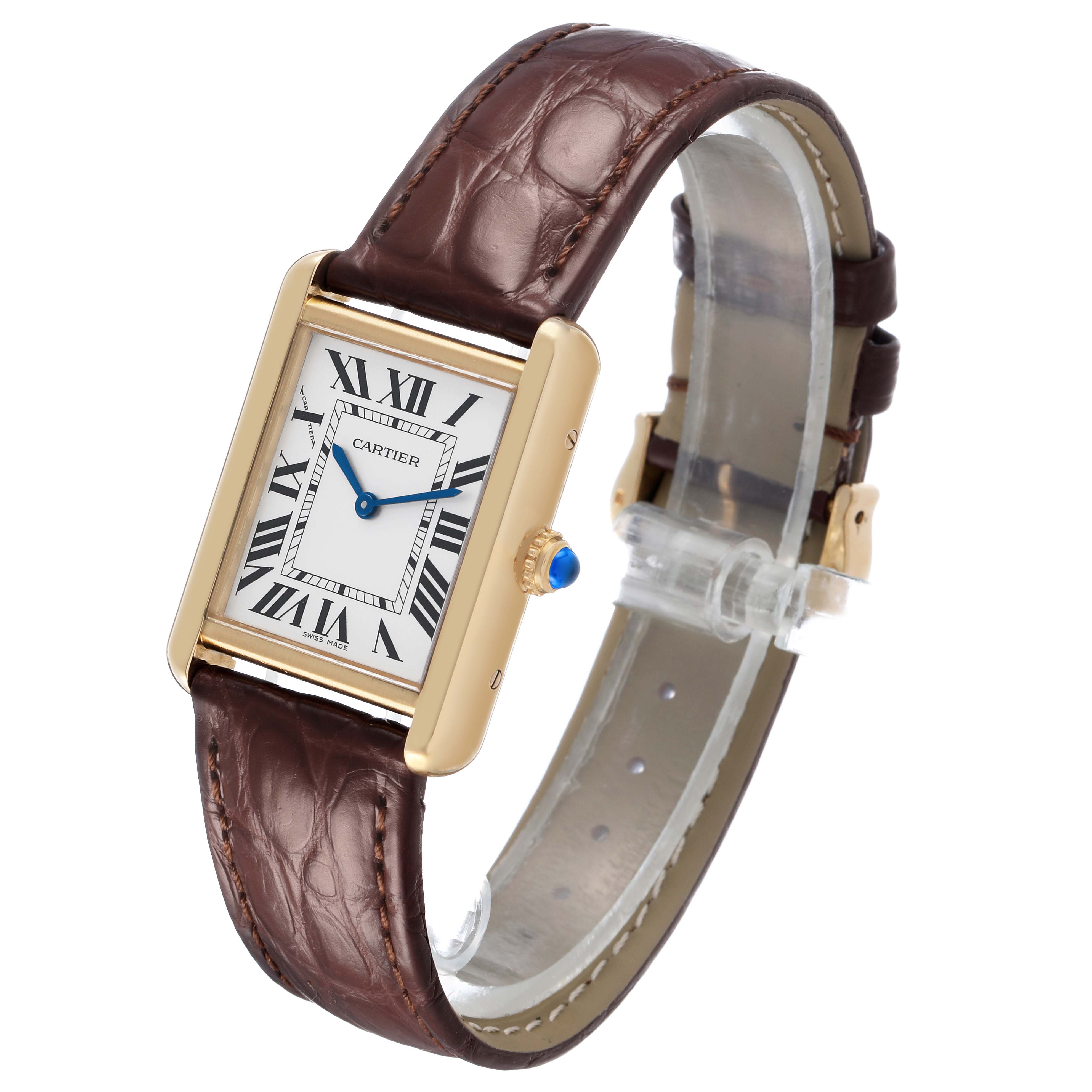 The Cartier Tank Solo W5200002 Women's Steel and Gold (two tone) Silver Dial watch is shown at a slight angle, featuring its rectangular dial, roman numerals, and brown leather strap.
