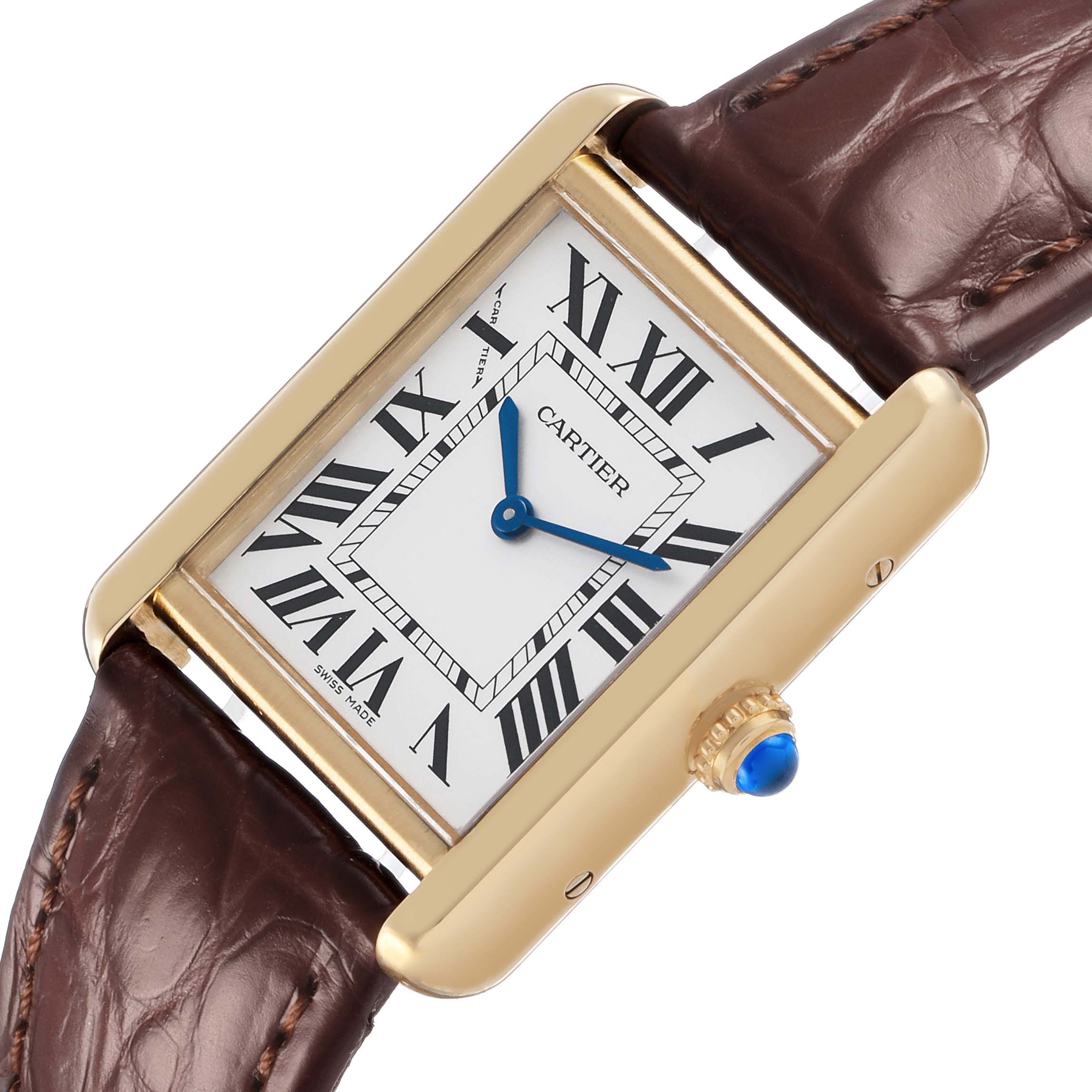 The Cartier Tank Solo W5200002 Women's Steel and Gold (two tone) Silver Dial watch is shown angled, displaying the dial, crown with blue cabochon, and brown leather strap.